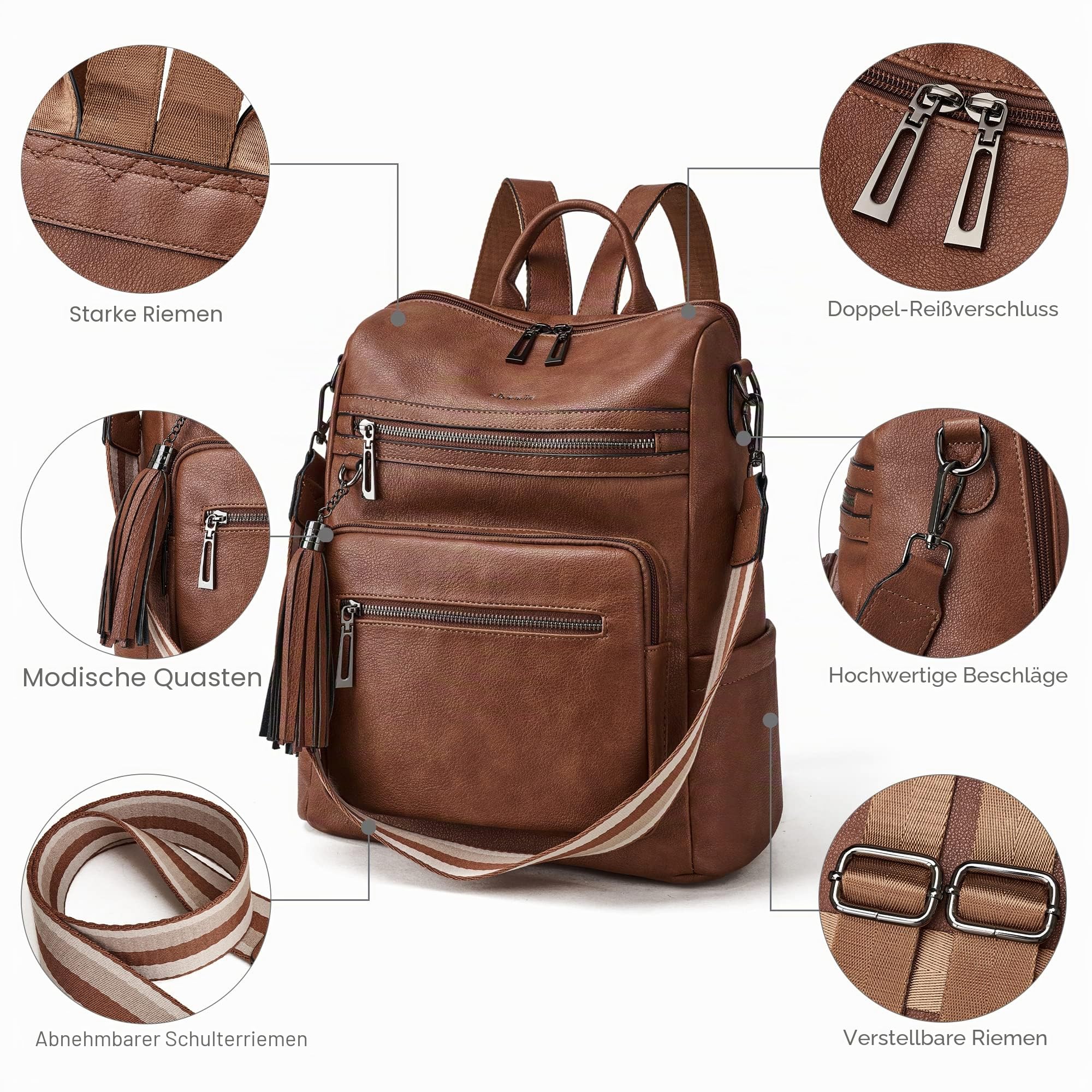 Shrrie Rucksack Damen,Cityrucksack Reiserucksack,PU Lederrucksack Handtasche Rucksack Damen Wasserdicht mit Geldbörse für Freizeit,Büro,Pendeln,Arbeit,Daypack-Ölwachsbraun