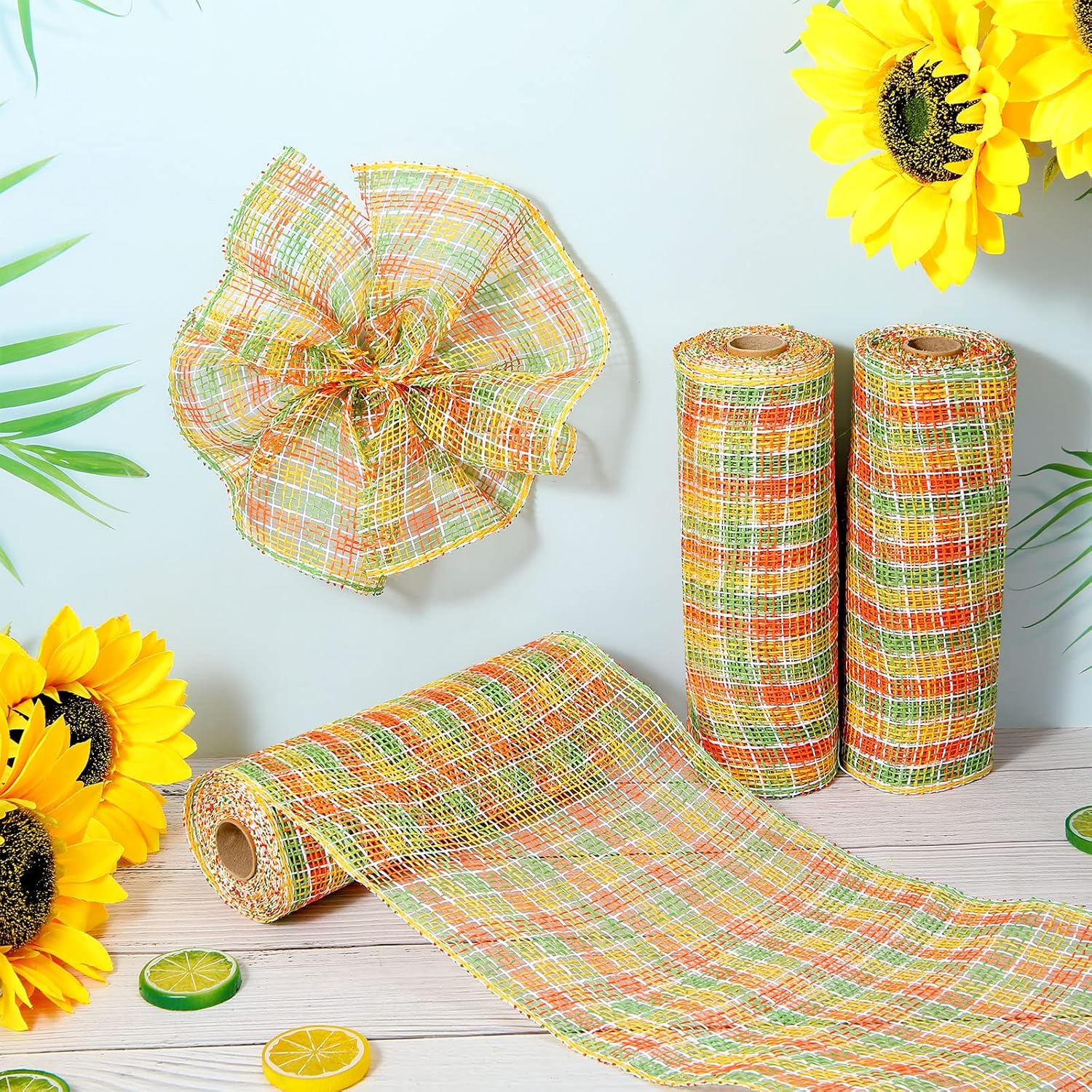 Chuangdi 3 Fall Rolls Poly Burlap Mesh 10 Inches Deco Mesh for Wreath Thanksgiving Yellow Orange and Green Sunflower Plaid Decorative Ribbon for Autumn Wreath Making Supplies