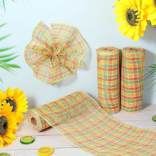 Miniatura 4 de 3 rollos de malla de arpillera de polietileno de otoño de 10 pulgadas, suministros de corona de malla decorativa a cuadros a cuadros – amarillo,