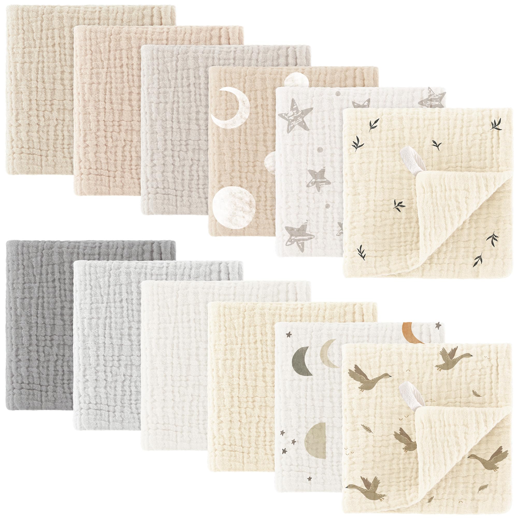 Bearmoss Baby Musselin Waschlappen Moltontücher 100% Baumwolle Weiche Spucktücher Baby,Atmungsaktiv und Extrem Saugfähig Musselin Tuch für Saugstark Mulltücher 12 Stück 25 x25cm (Aprikosengrau)