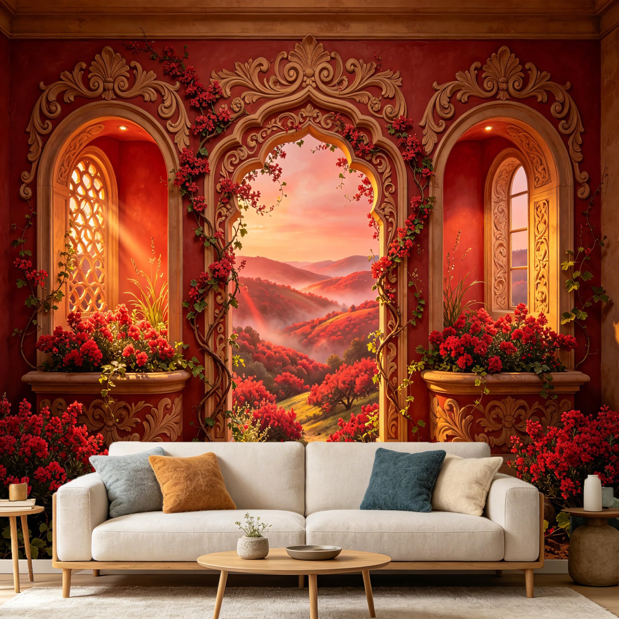 Custom Size Wall Mural， Red Archway Sunset Landscape Floral Garden， SelfAdhesive Art Prints wall Fabric Removable Large Wallpaper Home Living Room Decor Architectural Scenic View