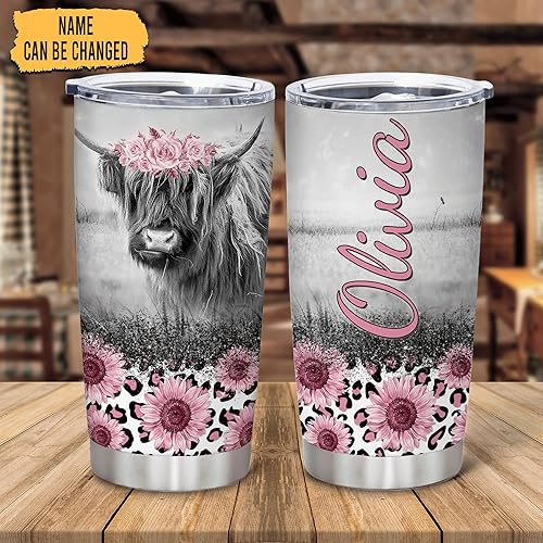 Miniatura 8 de Hyturtle Regalos personalizados para amantes de las vacas de las tierras altas, vaso de acero inoxidable con nombre personalizado, 20 onzas, lindos