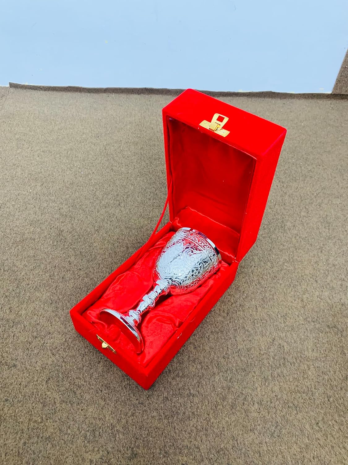 Brass Chalice Personalization Engraving Goblet With Red Velvet Box Chrome Finish Engraved Design Wine Cup Vintage king's Glass Active (Chrome Finish)