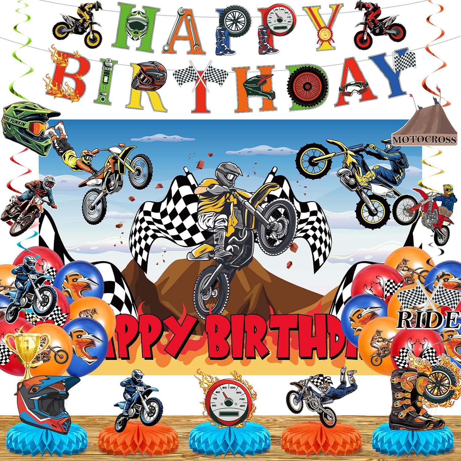 Motorcycle Dirt Bike Birthday Party Decoration for Boys Kids Motorcycle Motocross Dirt Bike Theme Happy Birthday Banner Backdrop Balloons Hanging Swirls Honeycomb Centerpiece for Party Supplies