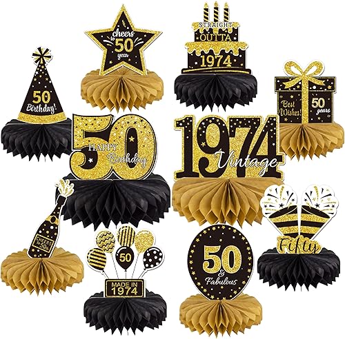 10 piezas de decoración de cumpleaños número 50 para decoración de mesa, decoración de mesa vintage de panal de abeja 2024 de 1974, decoración de