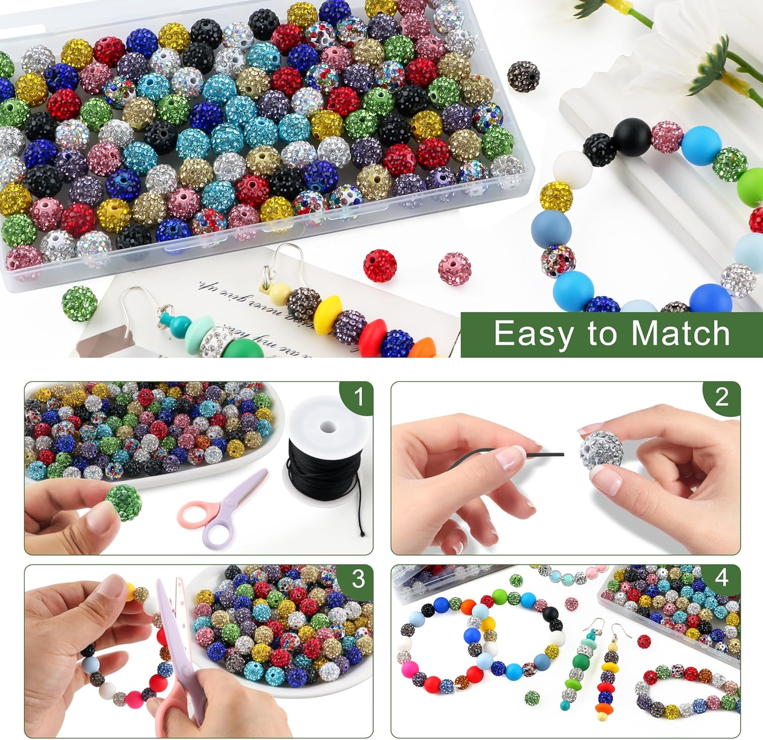 120Pcs Mixed Color 10mm Rhinestone Beads for Jewelry Making, Multicolor Round Sparkly Clay Crystal Disco Ball Beads for Necklace Bracelet and DIY Crafts - Image 6