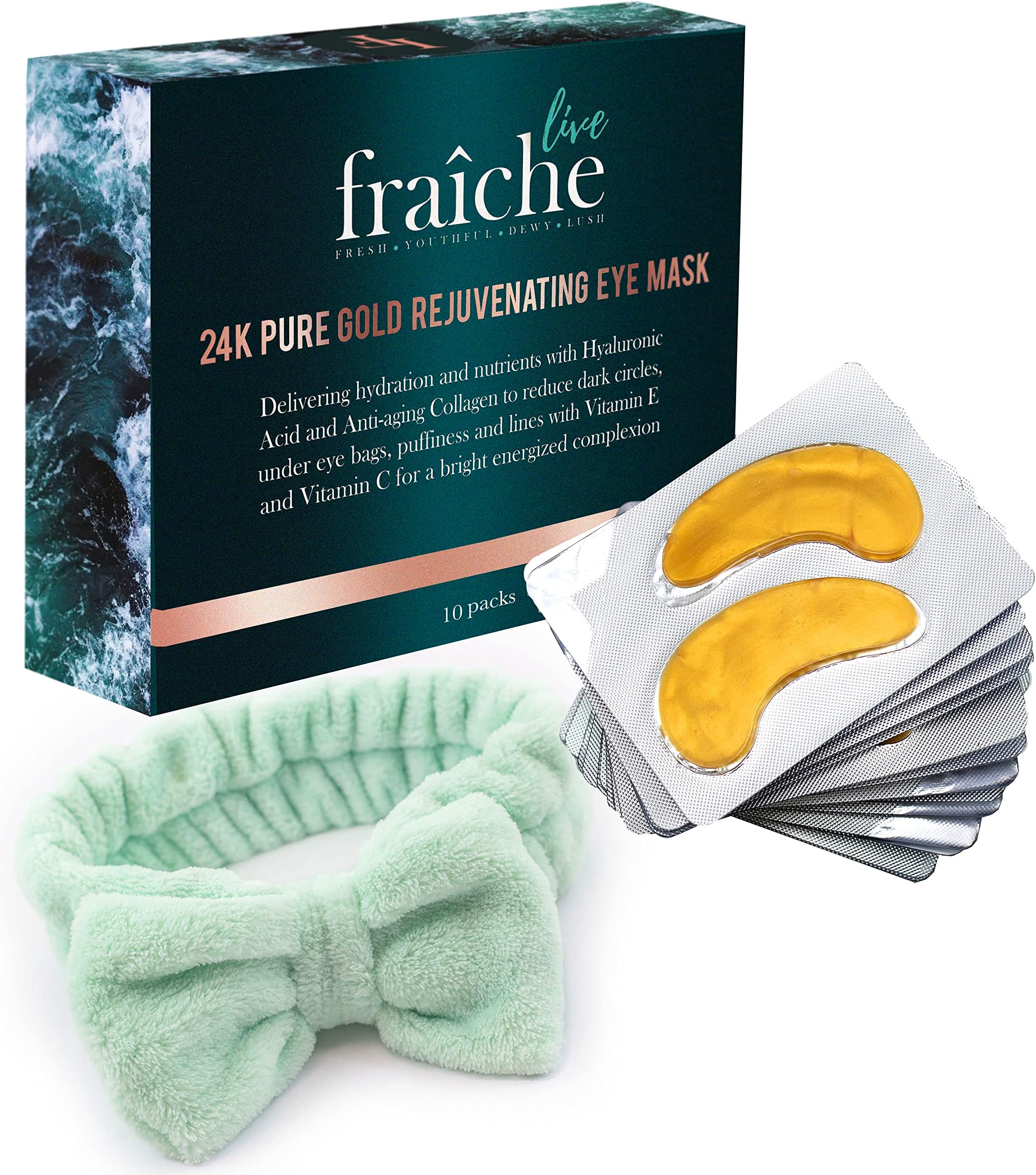 Live FraicheBONUS GIFT + 24k Gold Hyaluronic Acid Collagen Under Eye Mask for Dark Circles Under Eye Bags Treatment Pads - Gold Eye Mask for Puffy Eyes Treatment - Gel Under Eye Patches for Wrinkles