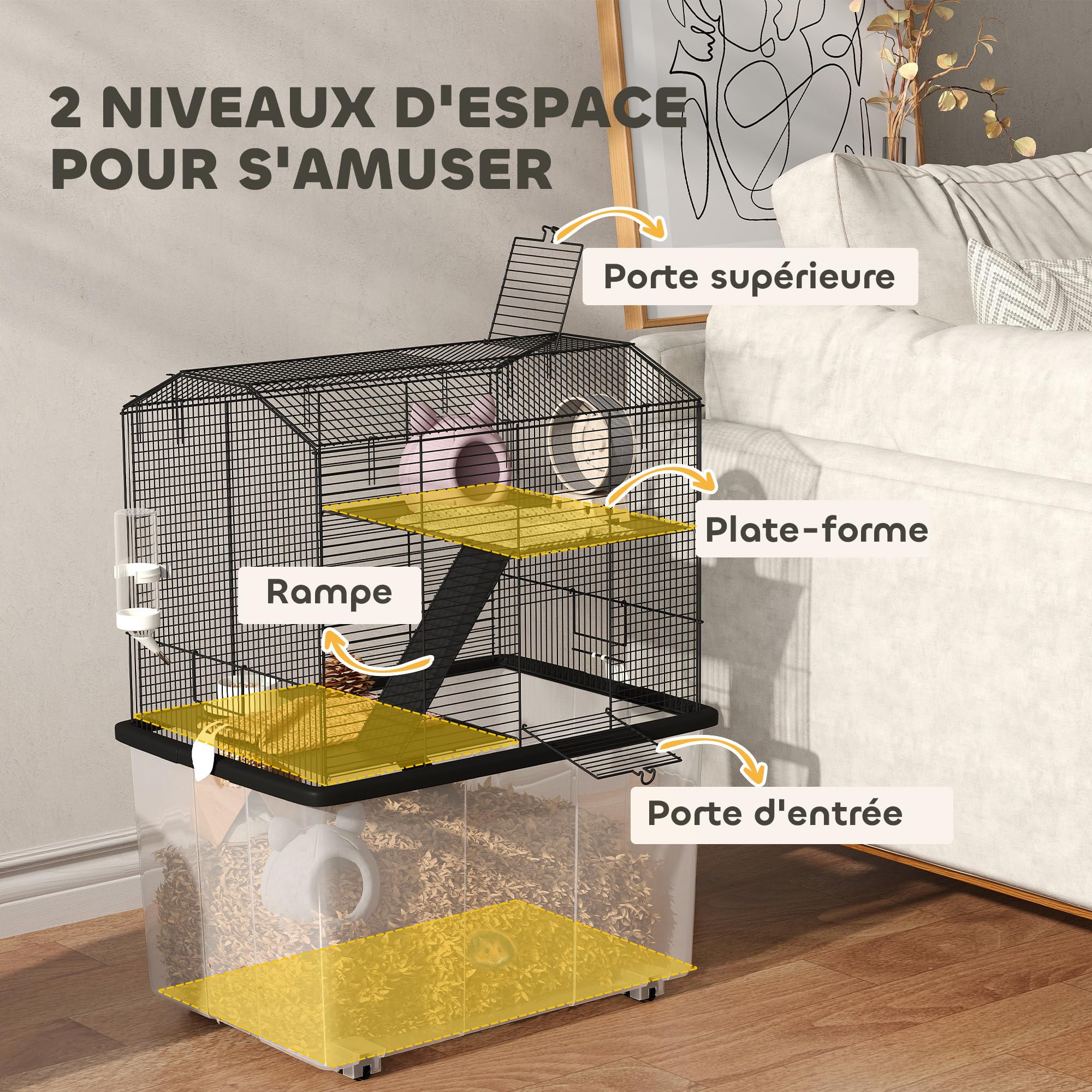 PawHut Cage Hamster, Cage Rongeur, 3 étages, avec roulettes, 2 Plate-Forme et 2 échelle, c, en Fil d'acier, 57 x 43 x 74 cm, Noir