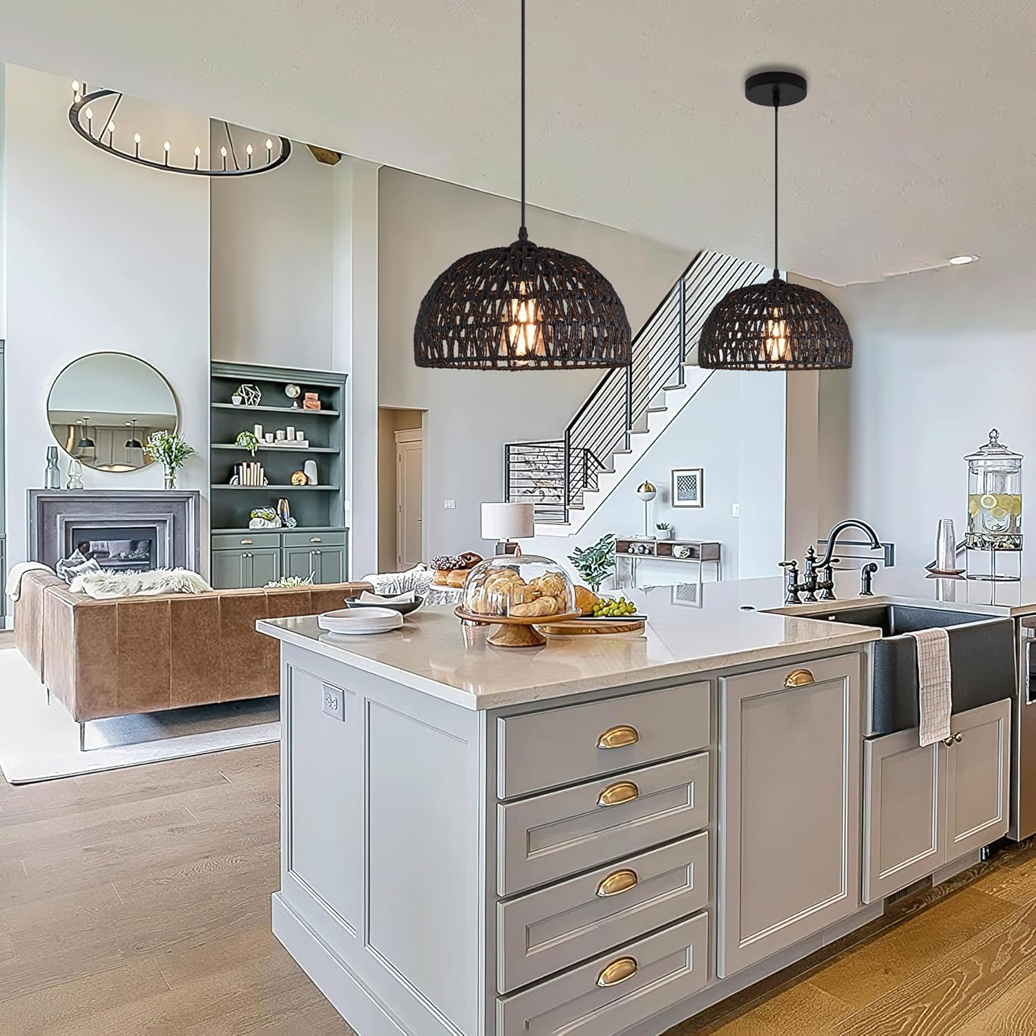 Black Woven Pendant Light Boho Chandelier Light Fixture Wicker Pendant Light Rattan Light Pendant Woven Light Fixture Dome Pendant Light for Dining Room Bedroom Kitchen Island (Bulb Incl)