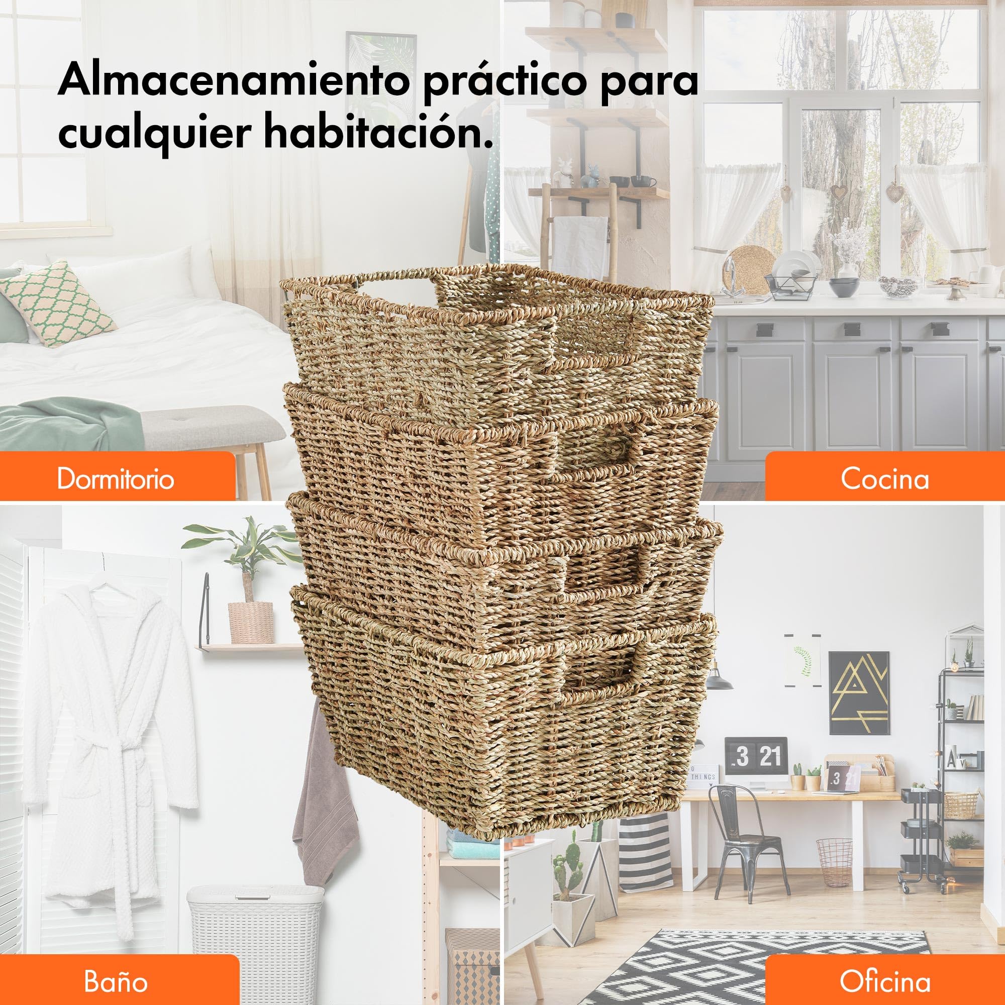 VonHaus Cestas de Almacenaje, Set de 4 Cestas de Junco Marino Natural Tejidas a Mano - Almacenaje de Baño Para Estanterías - Organizadoras con Asas para Dormitorio y Oficina