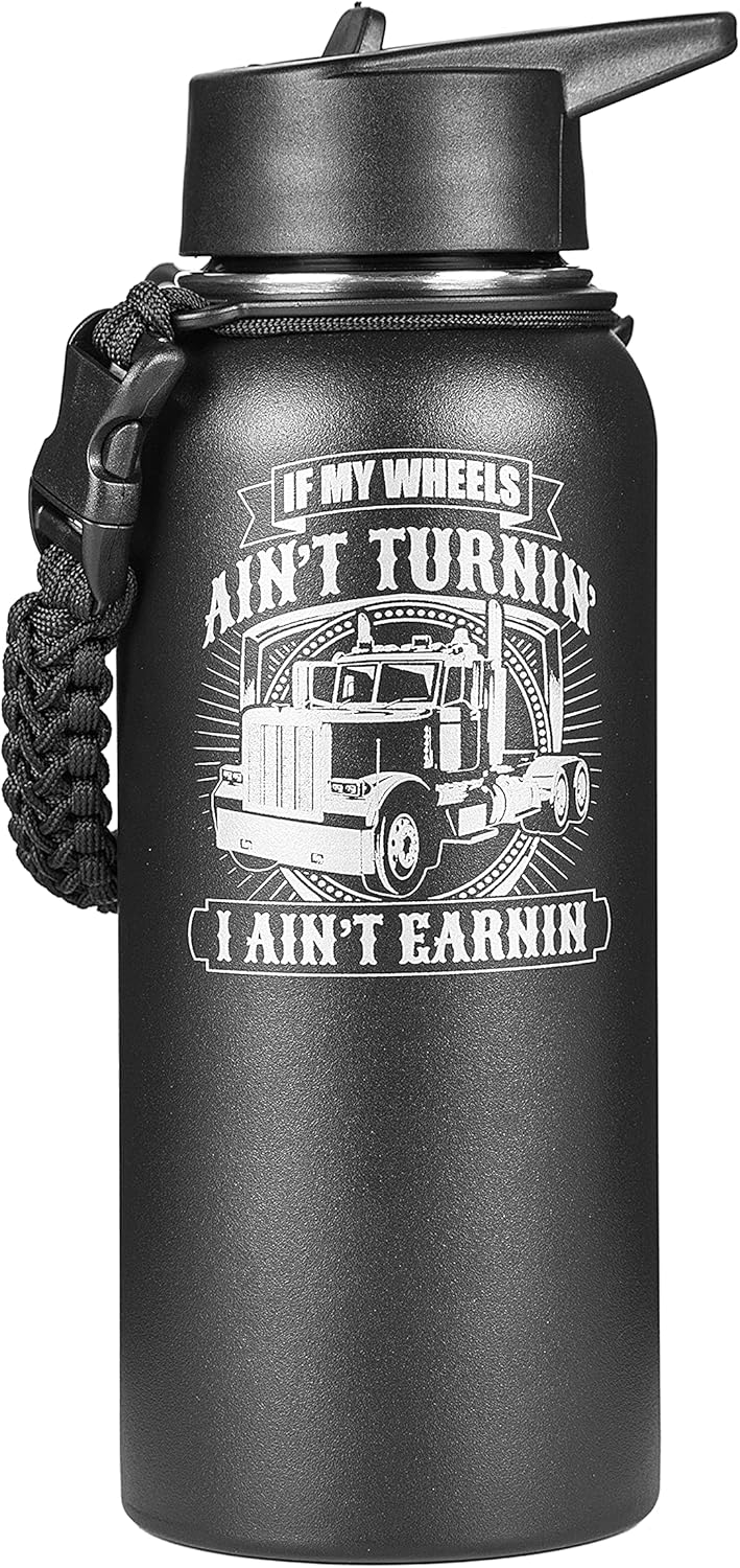 Bad Bananas Trucker Gifts for Men 32oz Rugged Tumbler with Paracord Carabiner Stainless Steel Wheels Ain t Turnin