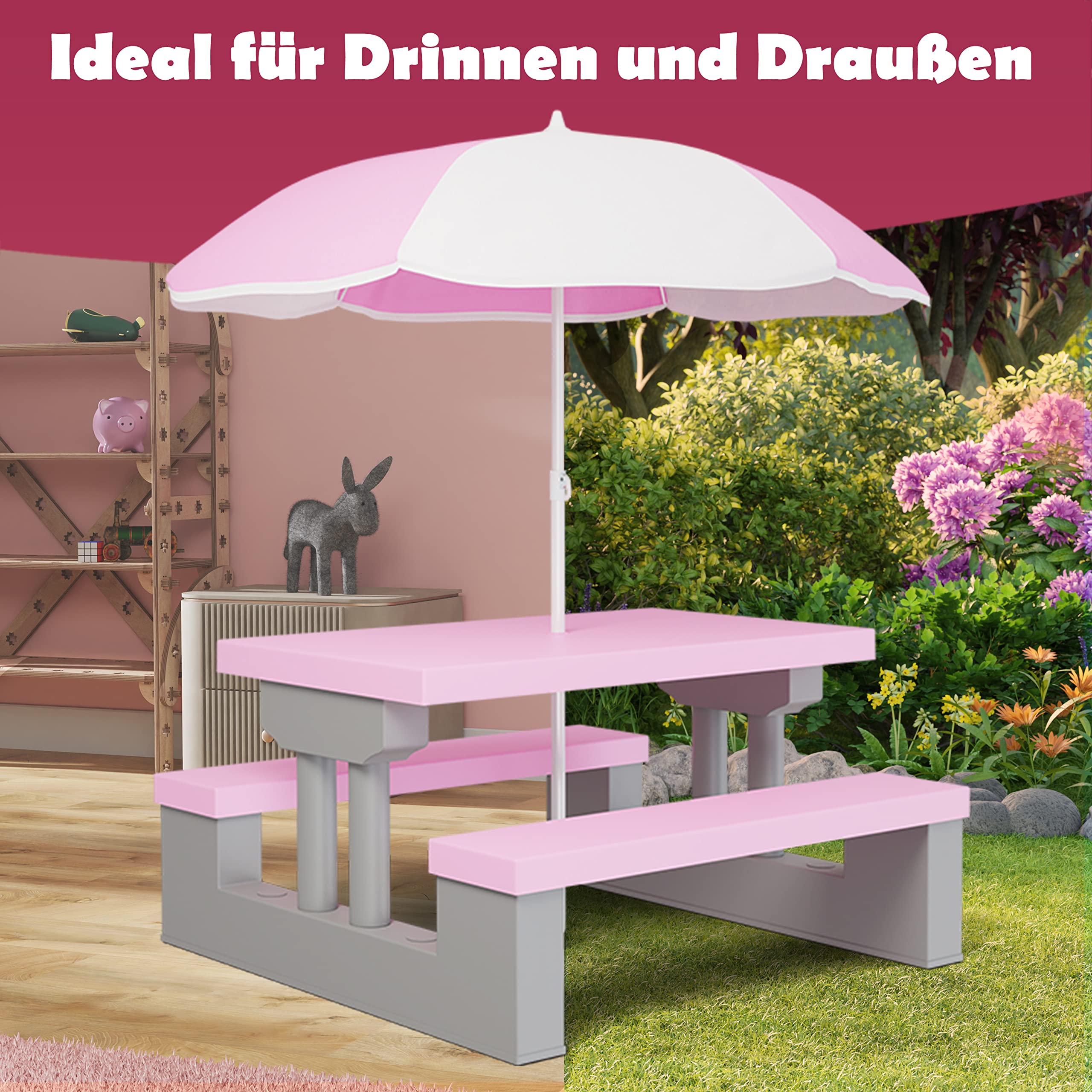Spielwerk® Set Tavolo e 2 Panche per Bambini con Ombrellone da Giardino Sistema a Incastro in Plastica ABS Rosa Sedie Picnic Esterno Cameretta Interno Bimbi Giochi