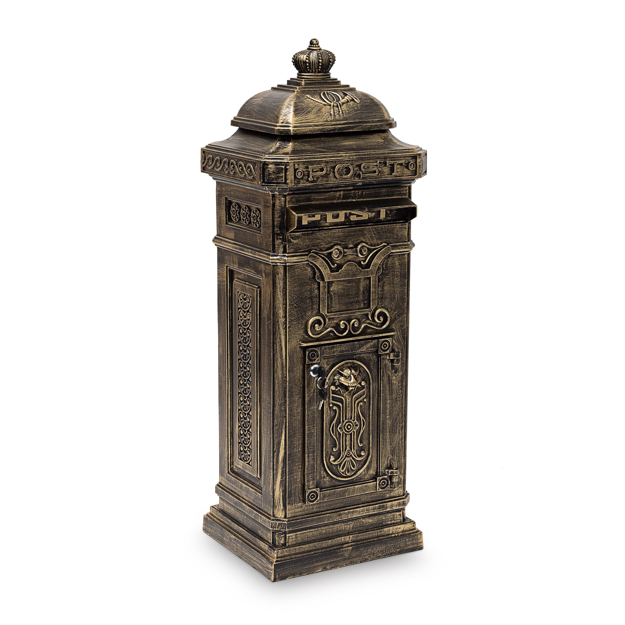 Relaxdays Gold Freestanding Antique Mailbox, 101 X 34.5 X 31 Cm, Nostalgic Post Box, Aluminium, British Design,