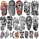 77 Sheets Temporary Tattoos, 17 Sheets Half Arm Motorcycle Skull Flame Flower Mechanical Fake Tattoos for Adults Shoulder Neck, 60 Sheets Tiny Temporary Tattoos Realistic for Men Women Boy Girl