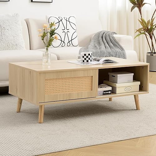 Mesa auxiliar moderna de mediados de siglo con almacenamiento, mesa central rectangular de madera de 43.3 pulgadas con panel de puerta deslizante de