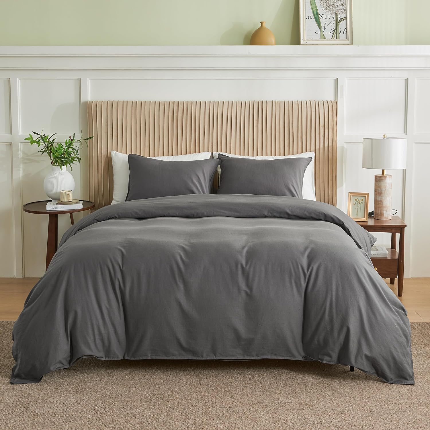 BISELINA French Linen Duvet Cover Set 2pcs with Hidden Zipper Closure Natural Flax Cotton Blend Solid Color Soft Breathable Luxury Farmhouse Bedding - Twin Size, Dark Grey