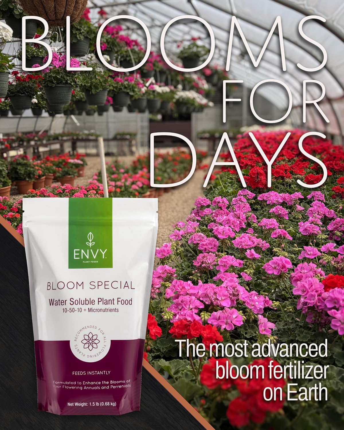 ENVY Bloom Special Plant Fertilizer for Flowering Plants, 1.5 Pound - Makes 150 Gallons, for Indoor and Outdoor Plants, Pet Safe, Water Soluble, Made in USA