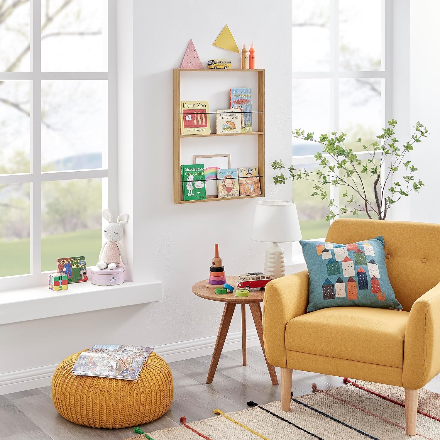 Danya B. Steiner Beech Square Modern 2-Tier Kids Book or Toy Figure Display Unit Wall-Mounted Bookshelf with Contrasting Black Rods