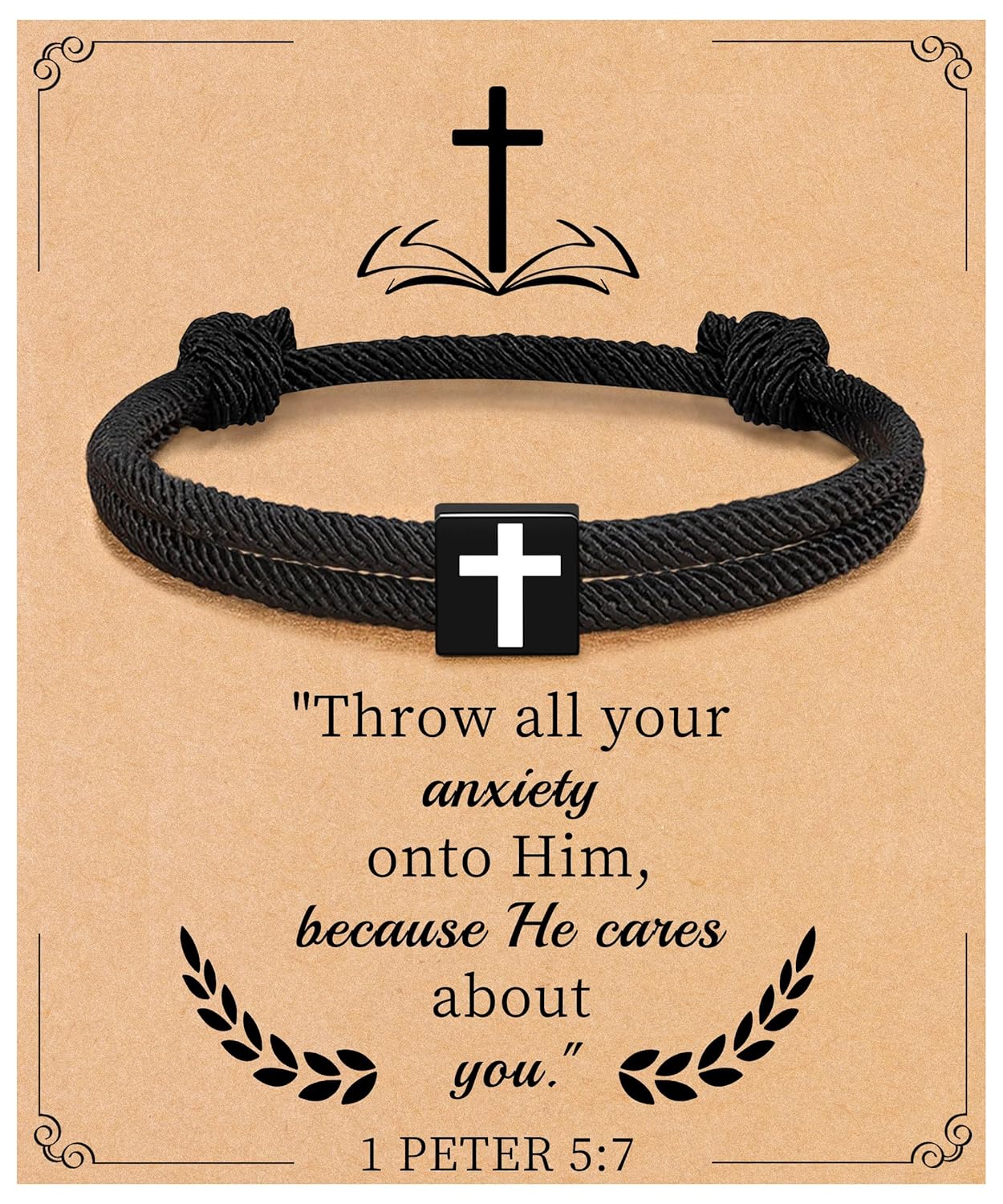 First Communion Gifts for Teen Boys, Easter Basket Stuffers for Teens Cross Bracelet for Men Easter Gifts Jesus Bible Verse Peter Easter Baskets Inspirational Gifts Handmade Rope Jewelry (1 PETER 5:7) Thumbnail
