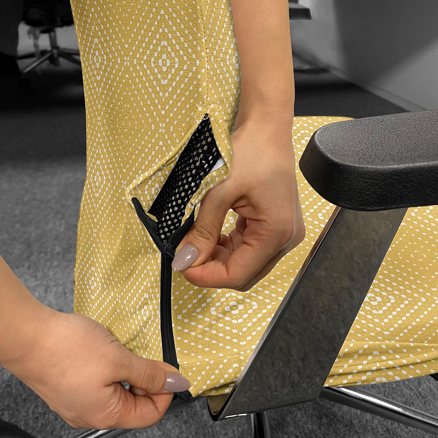Ambesonne Mustard Office Chair Cover, Geometrical Abstract Dotted Nested Diamond Rhombus Square Forms, Stretchable Decorative Universal Size High Back Printed Slipcover, Yellow White