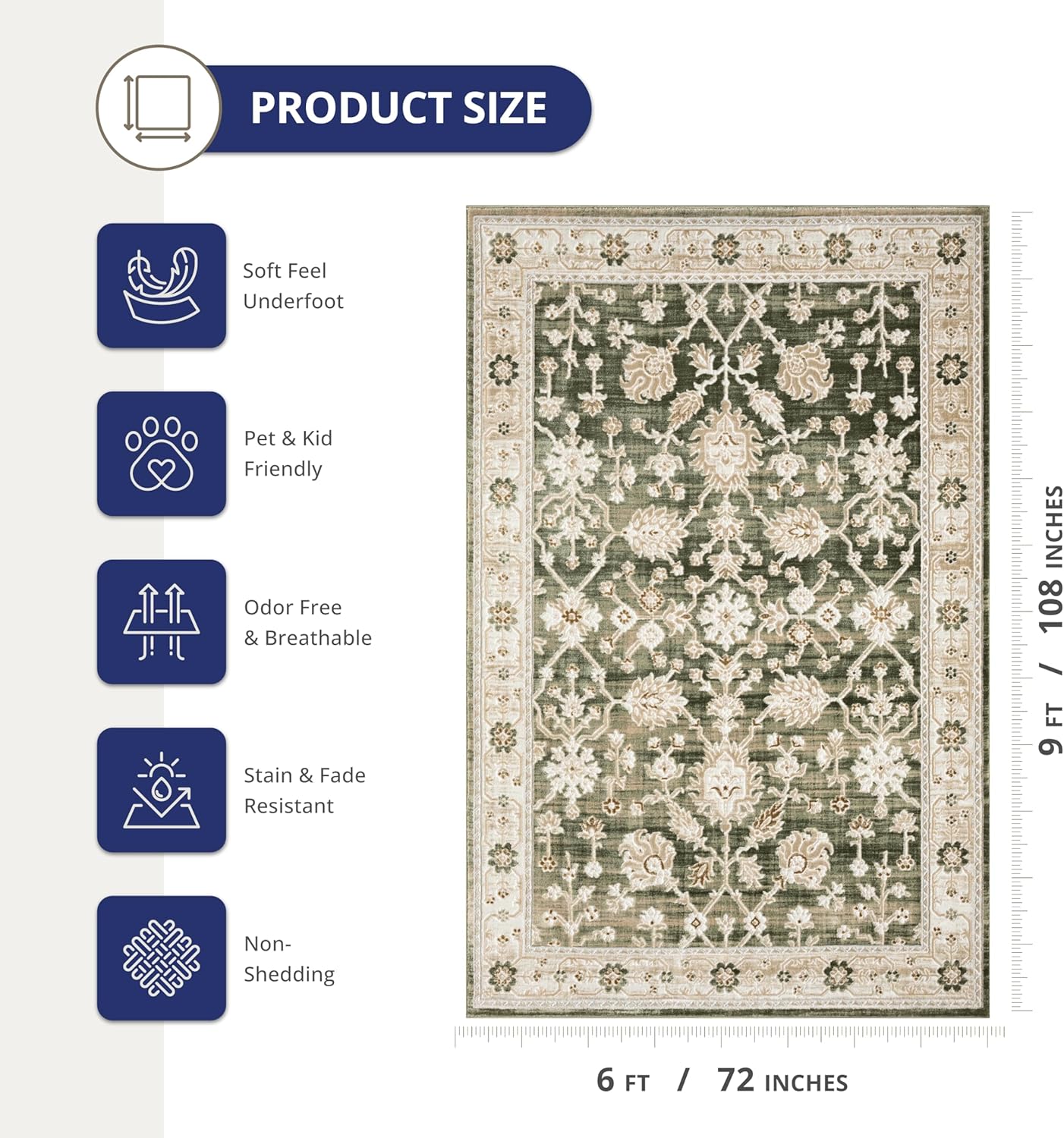 Abani Vintage Green Floral Farmhouse Washable Area Rug – 6' x 9' – Elegant Botanical Design – Ivy Collection – Non-Shedding, Easy to Clean – Durable for High Traffic Areas – Living Room & Bedroom