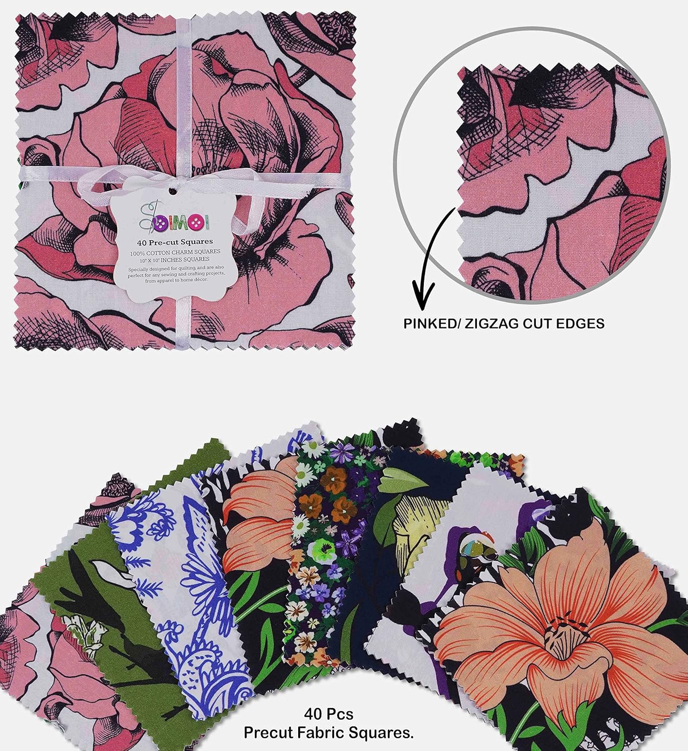 Soimoi Precut 10-inch Floral Prints Cotton Fabric Bundle Quilting Squares Charm Pack DIY Patchwork Sewing Craft- Multicolor-VB
