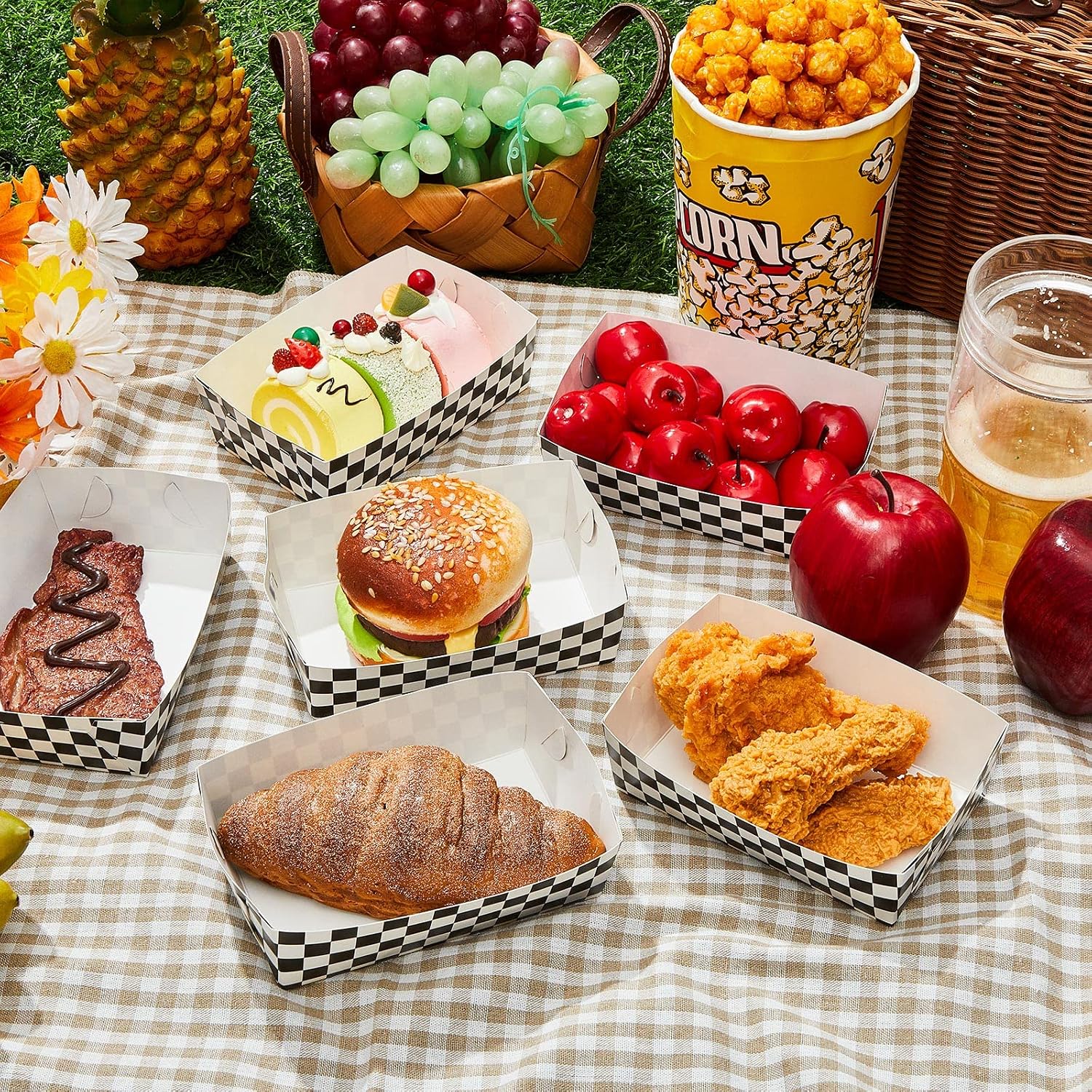 100 Pieces Race Car Checkered Trays, Racing Themed Fast One&two Birthday Decorations for Boys, 2 lb Checkered Paper Plaid Black and White Popcorn Trays Supplies Hot Dog Chips Baskets Small Food Boats