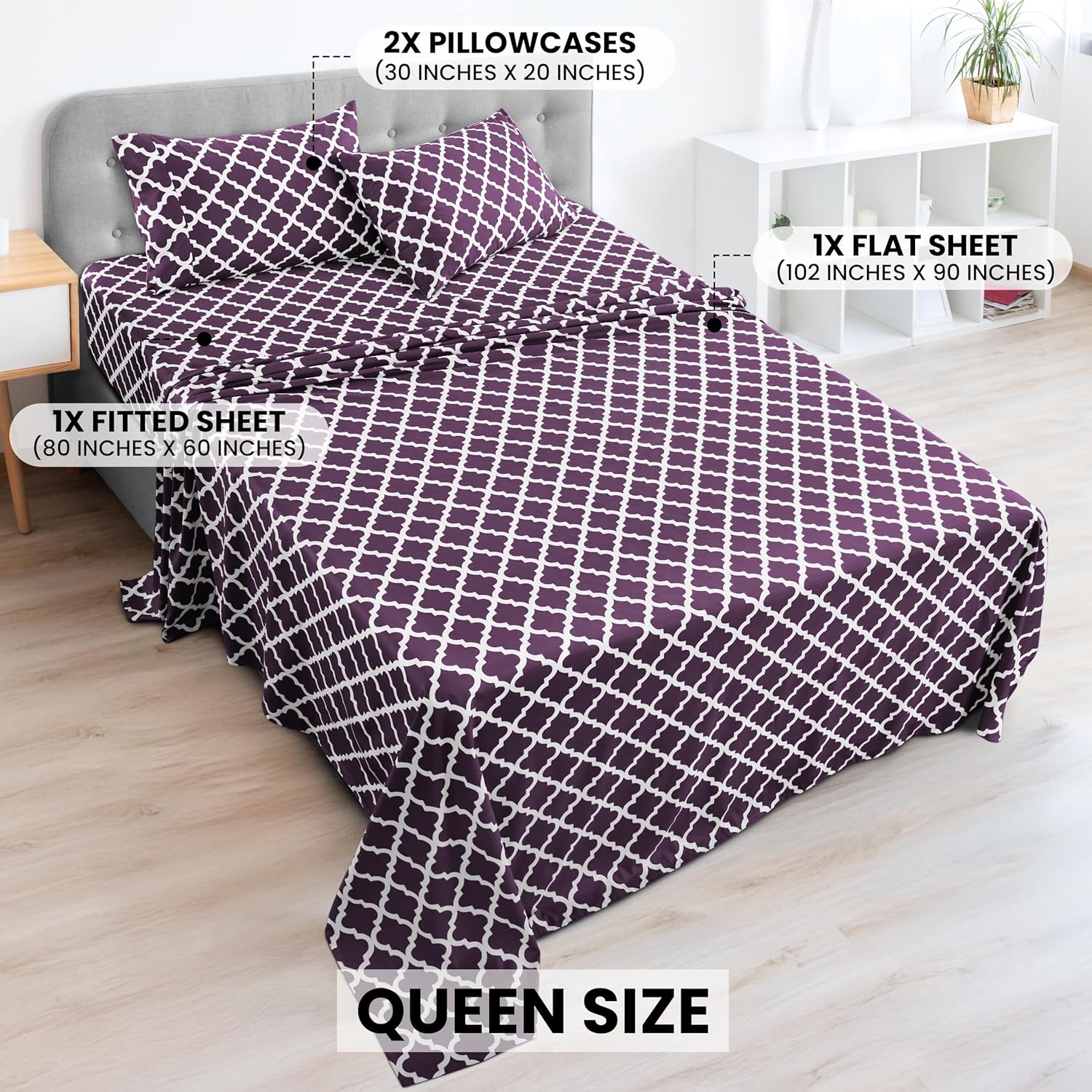 LUX Décor Quatrefoil Queen Sheet Set - 4 Piece Ultra-Soft Microfiber Bed Sheets with Flat Sheet, 16 Inches Deep Pocket Fitted Sheet & Pillowcases, Breathable, Bedroom Decor, Oeko-TEX- Purple