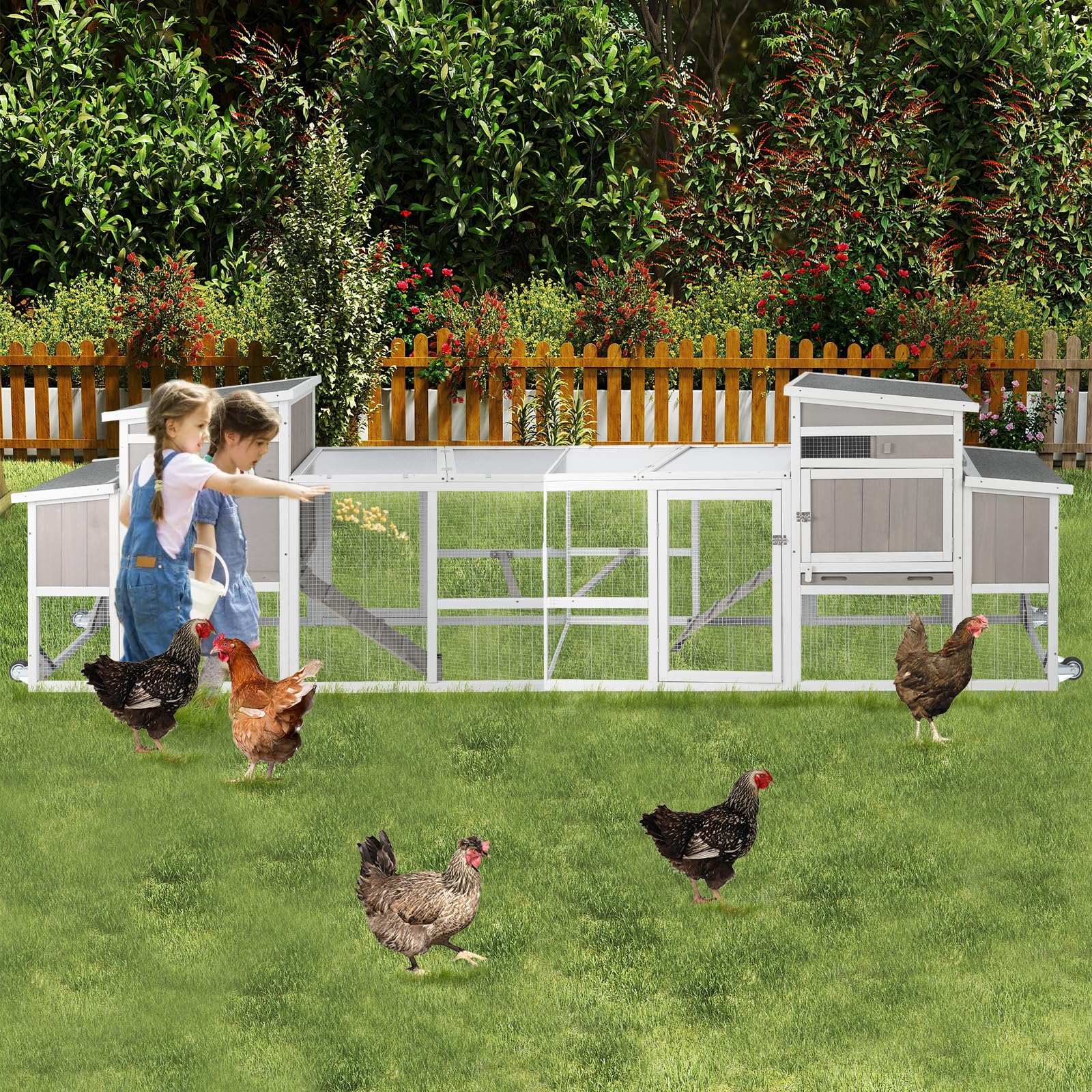 PetsCosset 157.4"L Chicken Coop with Wheels, Large Wooden Chicken House with Run, Backyard Hen House Poultry Cage for 2-6 Chickens Rabbit and Small