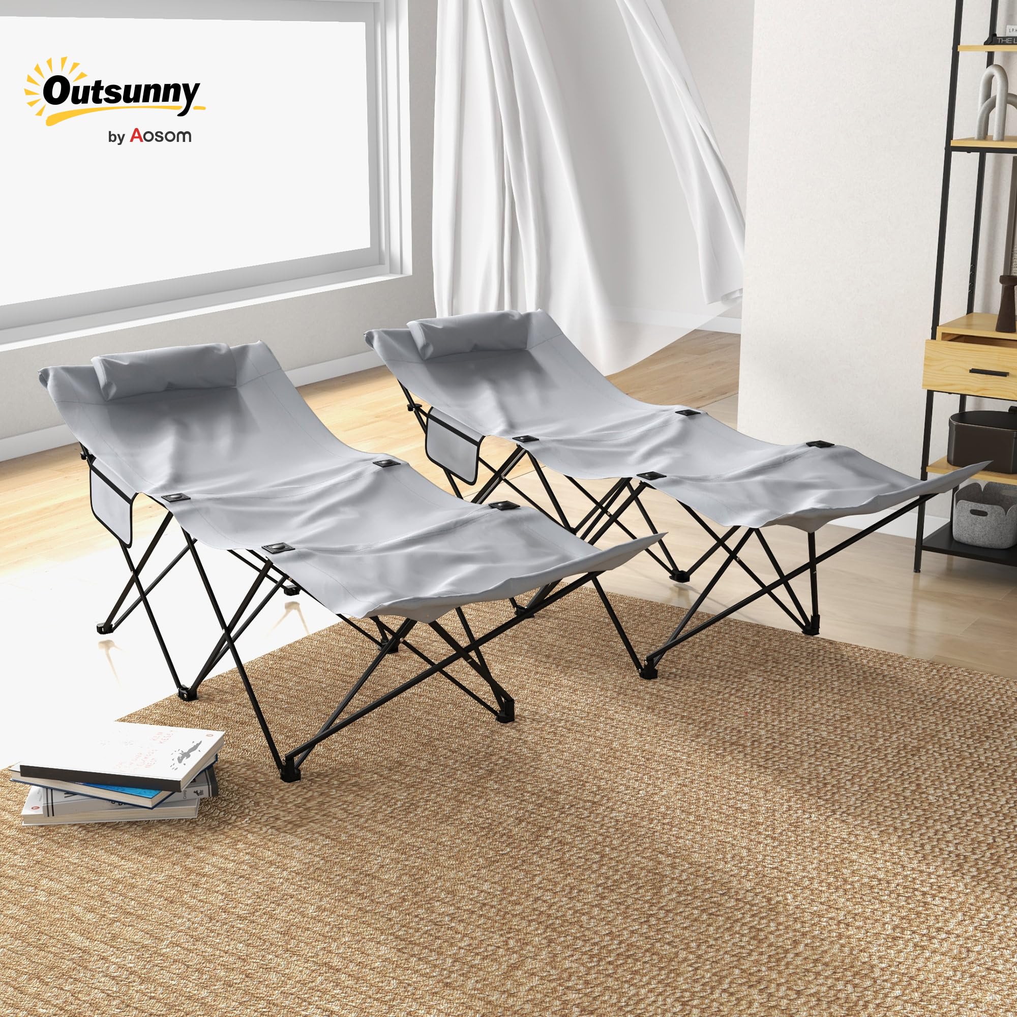 Outsunny Lot de 2 Chaise de Camping Pliables, transats Bains de Soleil avec Appui-tête, Poche latérale, chaises Longues en Tissu Oxford, châssis en Acier, Gris