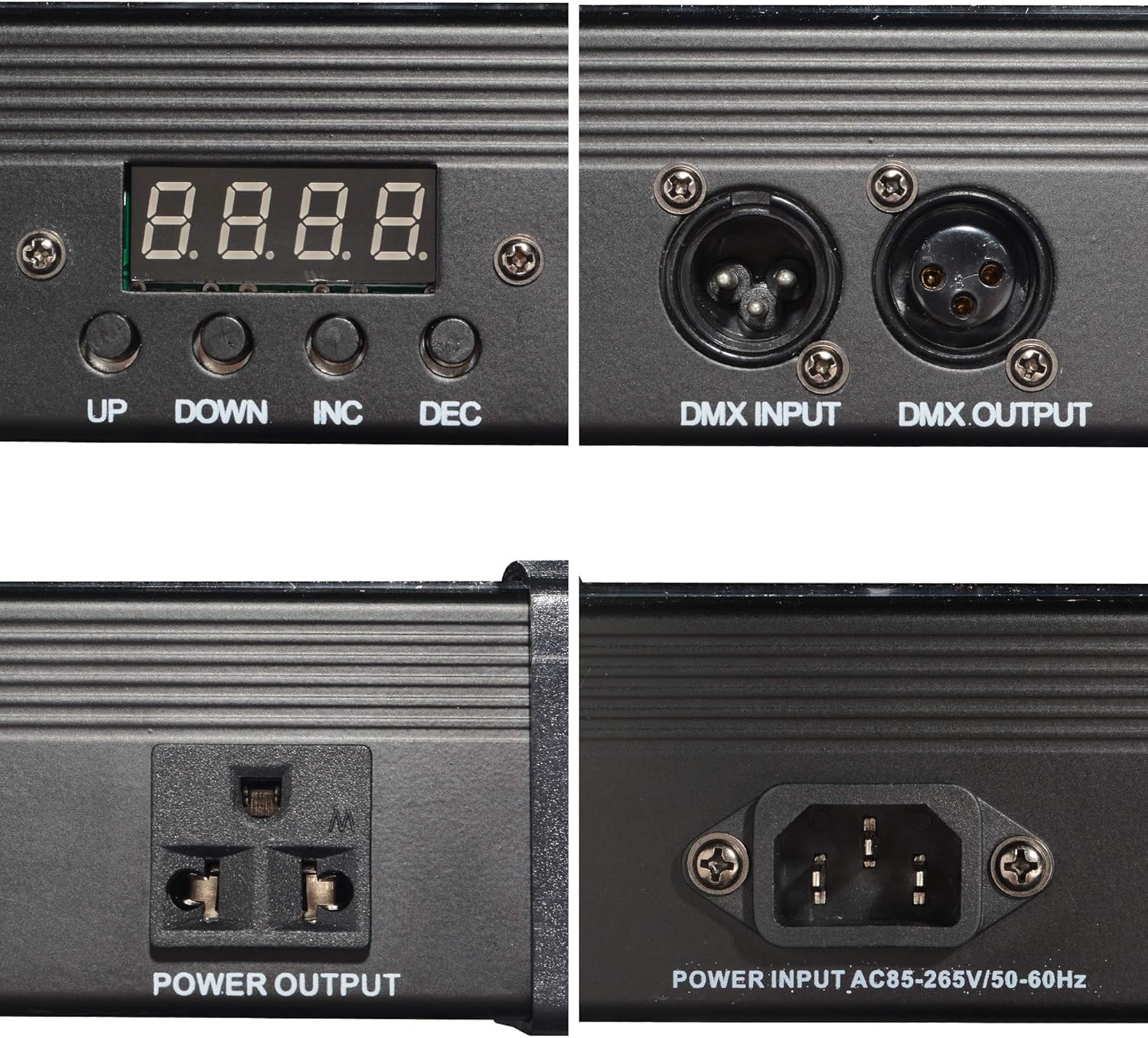 Close-up of the light bar's control panel, DMX input/output, and power input/output ports