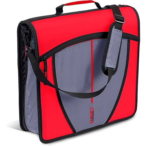 Case-it Mighty Zip Tab School Zipper Binder | 3-Inch O-Rings, 600-Sheet Capacity, 5-Subject Expanding File Folder, Multiple Pockets & Storage Organizer, Shoulder Strap | D-146 Fire Engine Red
