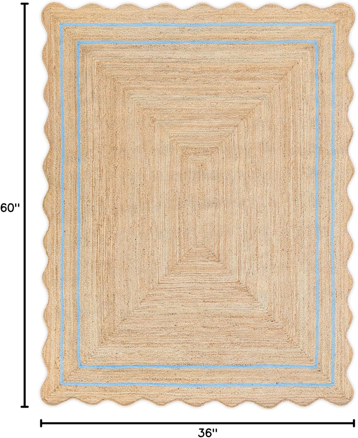 Wave Scalloped Natural Jute Rug - Boho Farmhouse Area Rug with Black Border, Handwoven Entryway Runner Rug, Eco-Friendly Scallop Design for Living Room or Bedroom (Sky Blue)-3x5ft