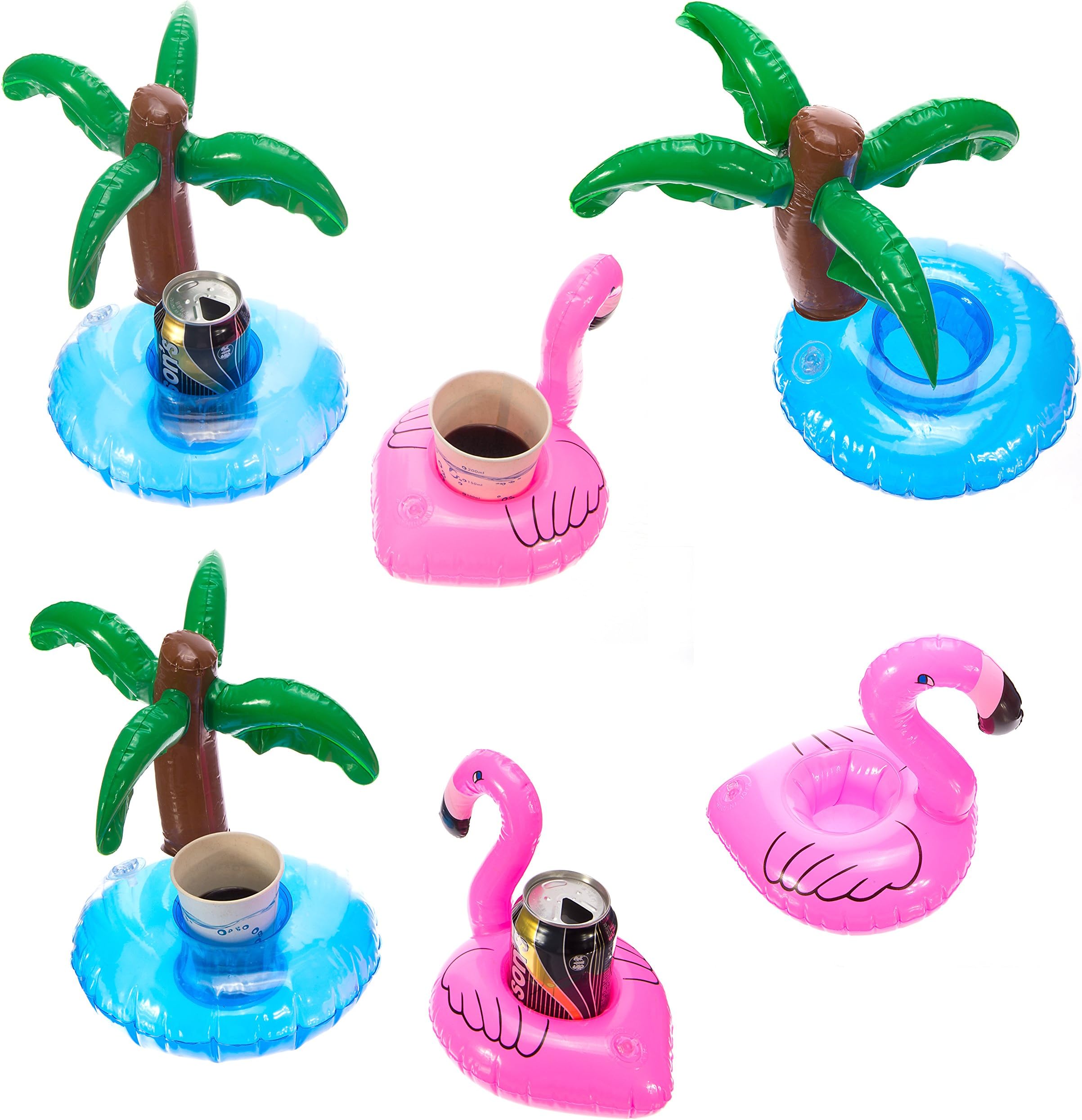 Cazul Goods Inflatable Pool Drink Holder Floats - 3 pieces Flamingo and 3 pieces Palm Tree Design (Set of 6)