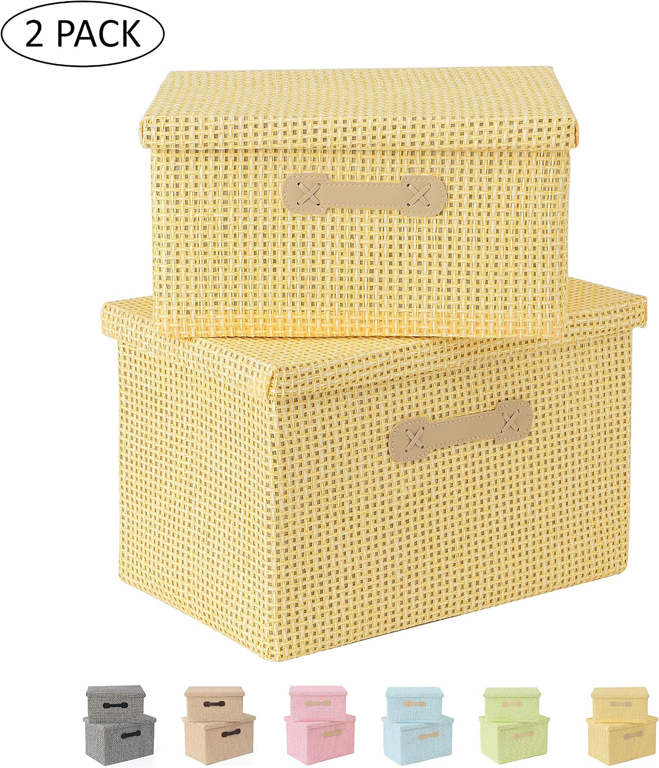 Enzk&Unity Colorful Woven Paper Storage Baskets with Lids Decorative Baskets with Handles for Shelf, Closet, Clothes, Toys, Office, Living Room, Bedroom, Foldable Organizers, Set of 2, Yellow