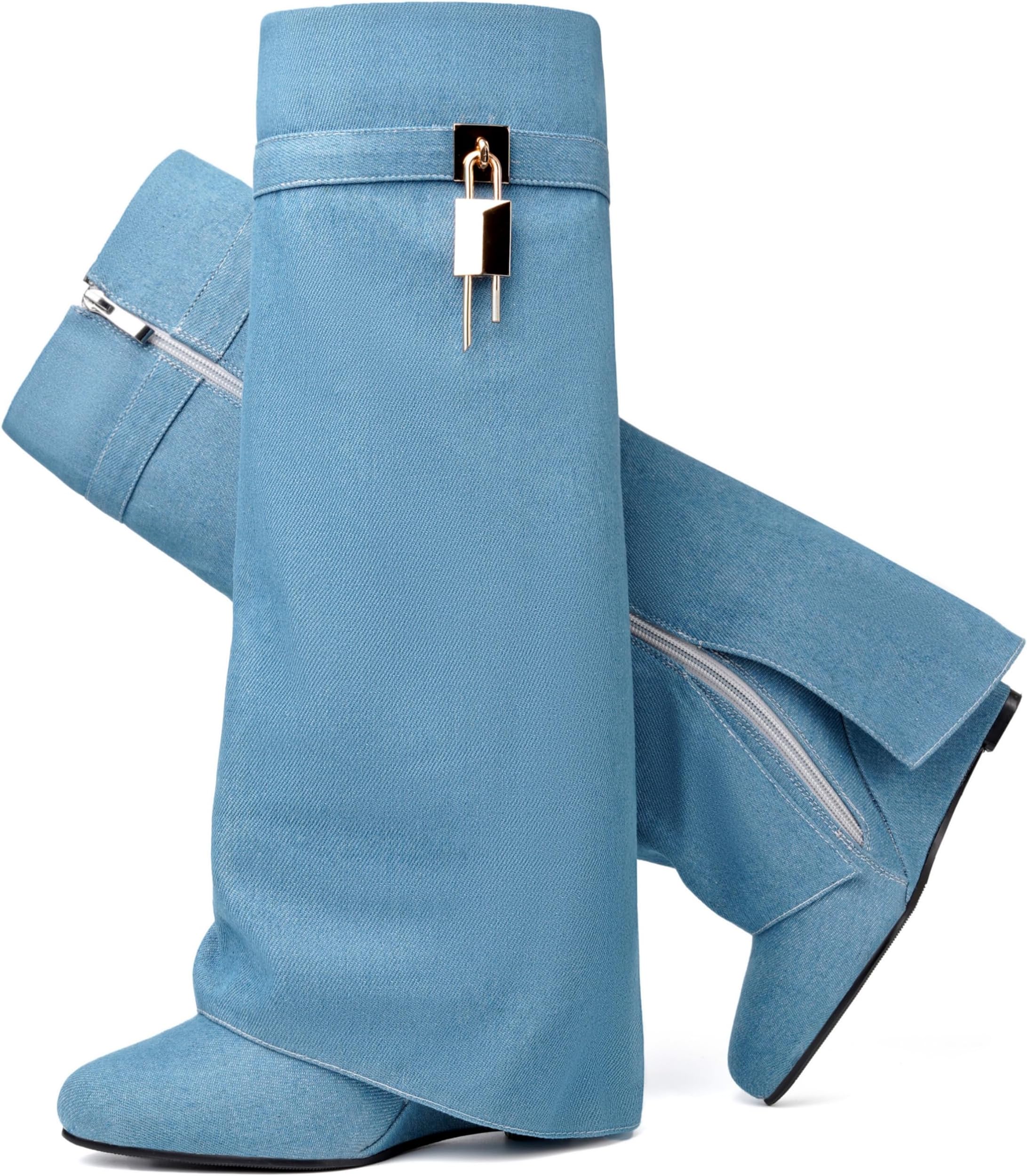 Fold Over Boots for Women Pointy Pull-on Wedge Heel Knee Shark Boot With Side Zipper Padlock Design