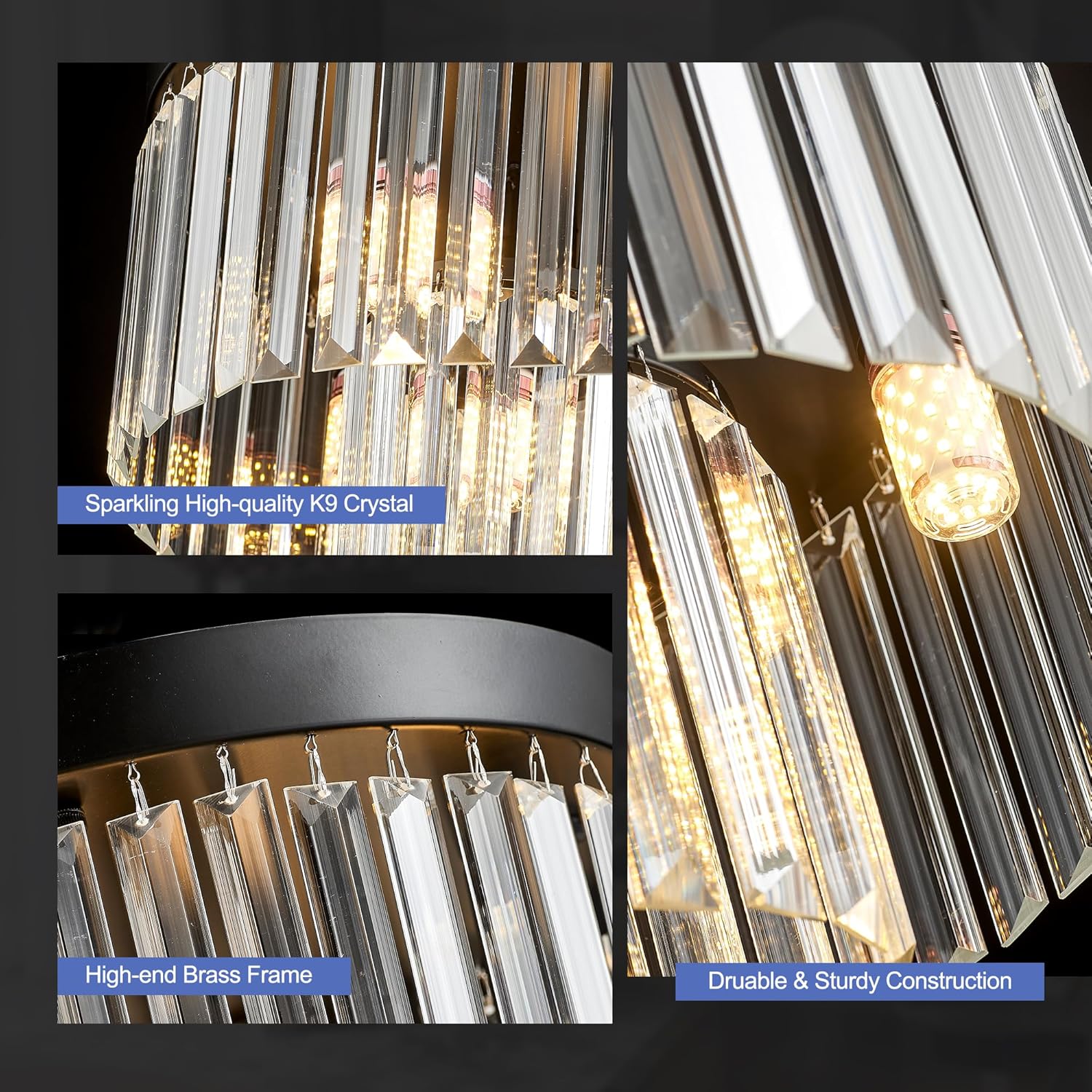 12.6" Black Crystal Ceiling Light 4-Light Modern Fixture 2-Tier Luxury K9 Crystal, for Dining Room Kitchen Island Living Room Bedroom