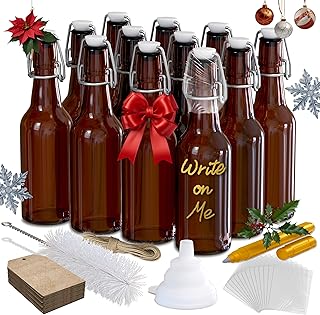 Nevlers 8.5 Oz Amber Glass Beer Bottles 12 Pack | Swing Top Glass Bottles w/Airtight Lids | Flip Top Bottle Set w/Funnel, Cleaning Brush, Shrink Wrap, Paper Tags & Gold Marker | Extract & Syrup Jars