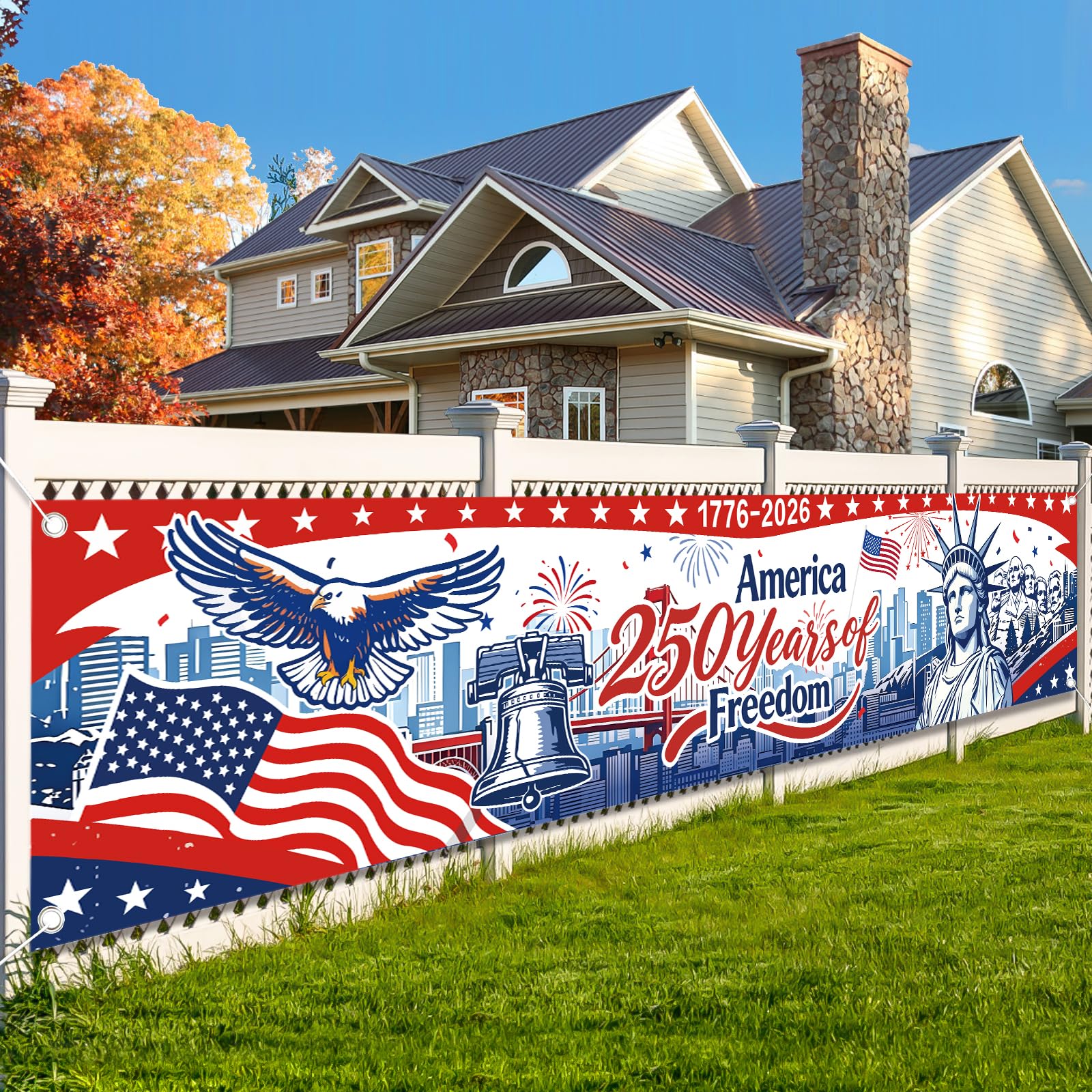 AhfuLife USA Backdrop Banner Flag for 250th Anniversary Decorations, 300 x 60cm Large American Fabric Background Banner for Independence Day, 4th of July, Home Yard Fence Garden Bar Decor