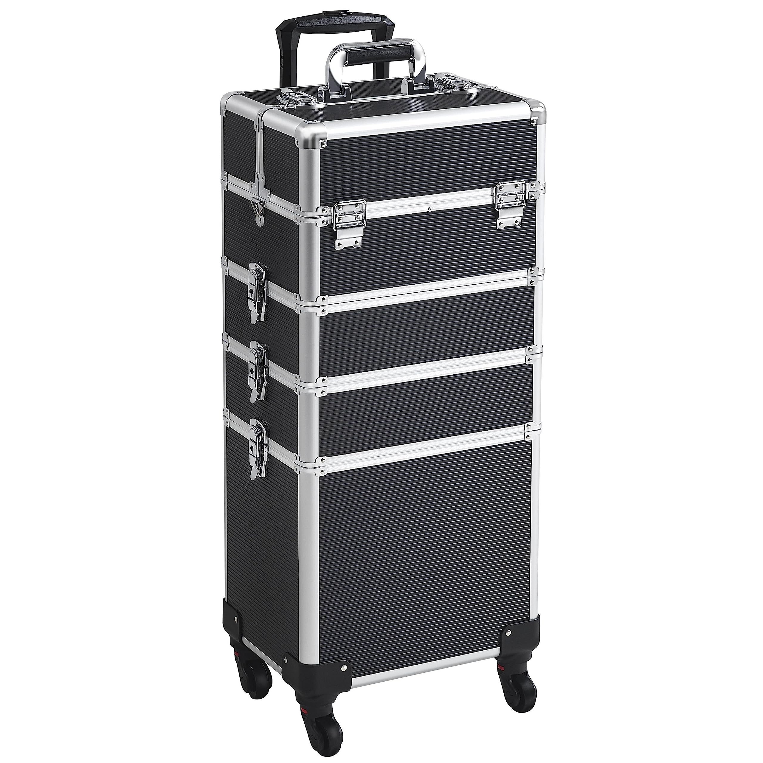 Abician Valise de Maquillage 5 en 1 Mallette Cosmétique Grand avec Couvercle Valise Manucure Esthétique Alliage d'aluminium Valise de Beauté Professionnelle pour Voyage, Coiffeuse Noir