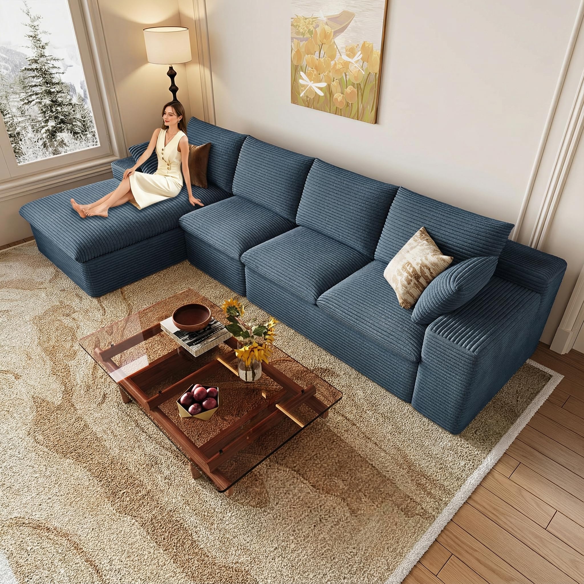 136" Cloud Couch Modular Sectional Sofa for Living Room, L-Shape Boneless Couch with Deep Seat, Modern Corduroy 4-Seater, No Assembly Required (Blue,Left-Facing Chaise)