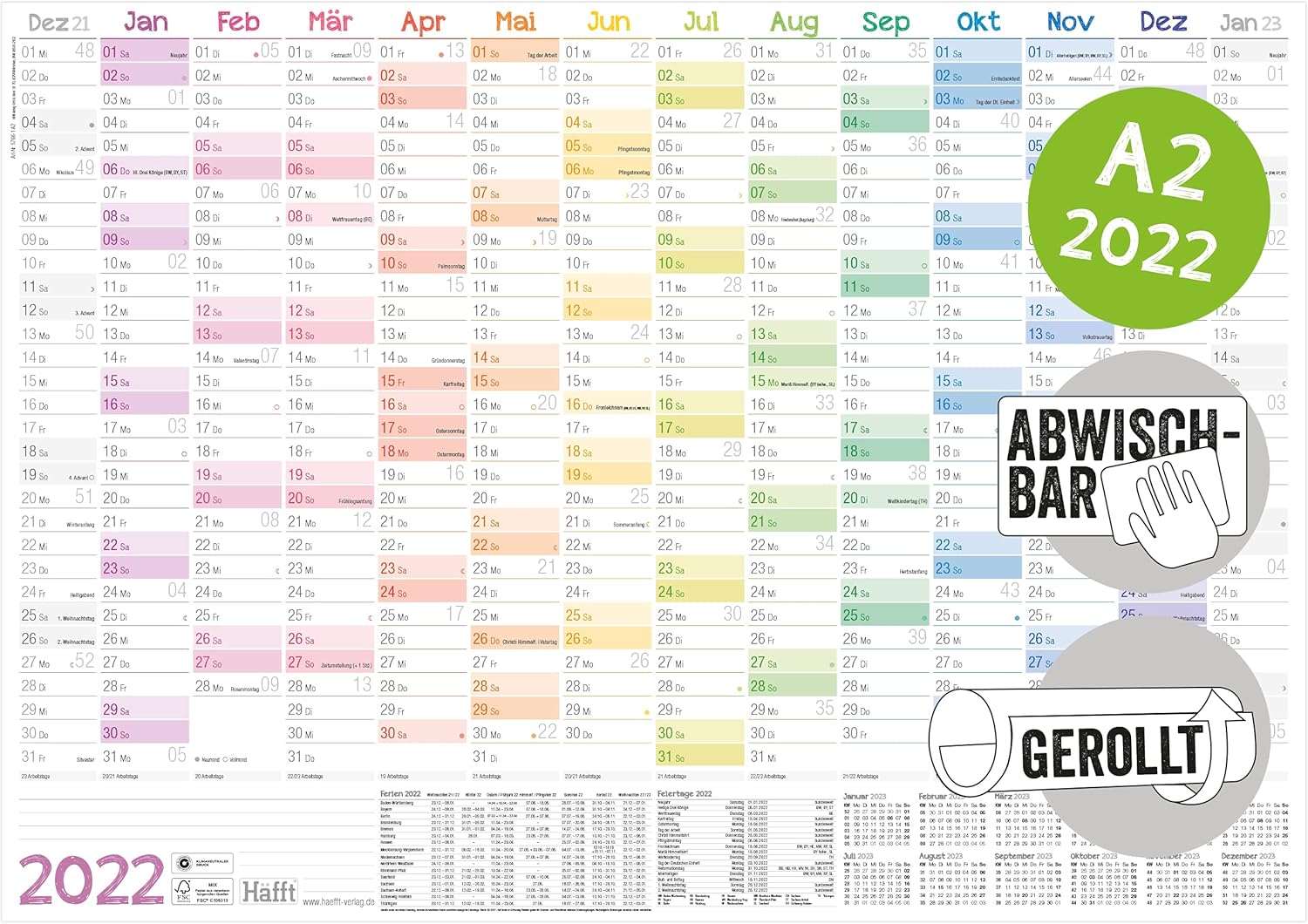 Calendrier Allemagne 2023 Calendrier Mural A2 2022 (Version Allemande) Effaçable [Arc-En-Ciel] 59 X  42 Cm, Roulé | 14 Mois : Décembre 2021 – Janvier 2023 | Planification  Murale Avec Aperçu Des Vacances Et Des Jours Fériés : Amazon.fr:  Fournitures De Bureau