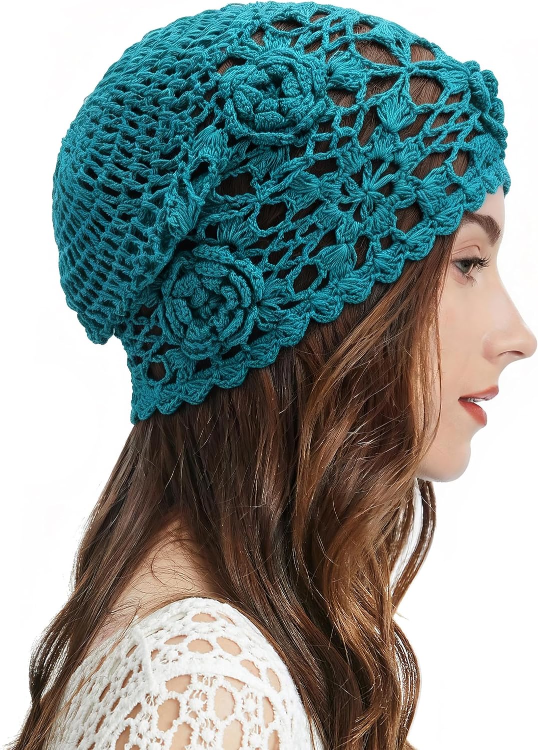 ZLYC Women Cotton Crochet Beanie Handmade Flower Summer Slouchy Skull Hat image 2