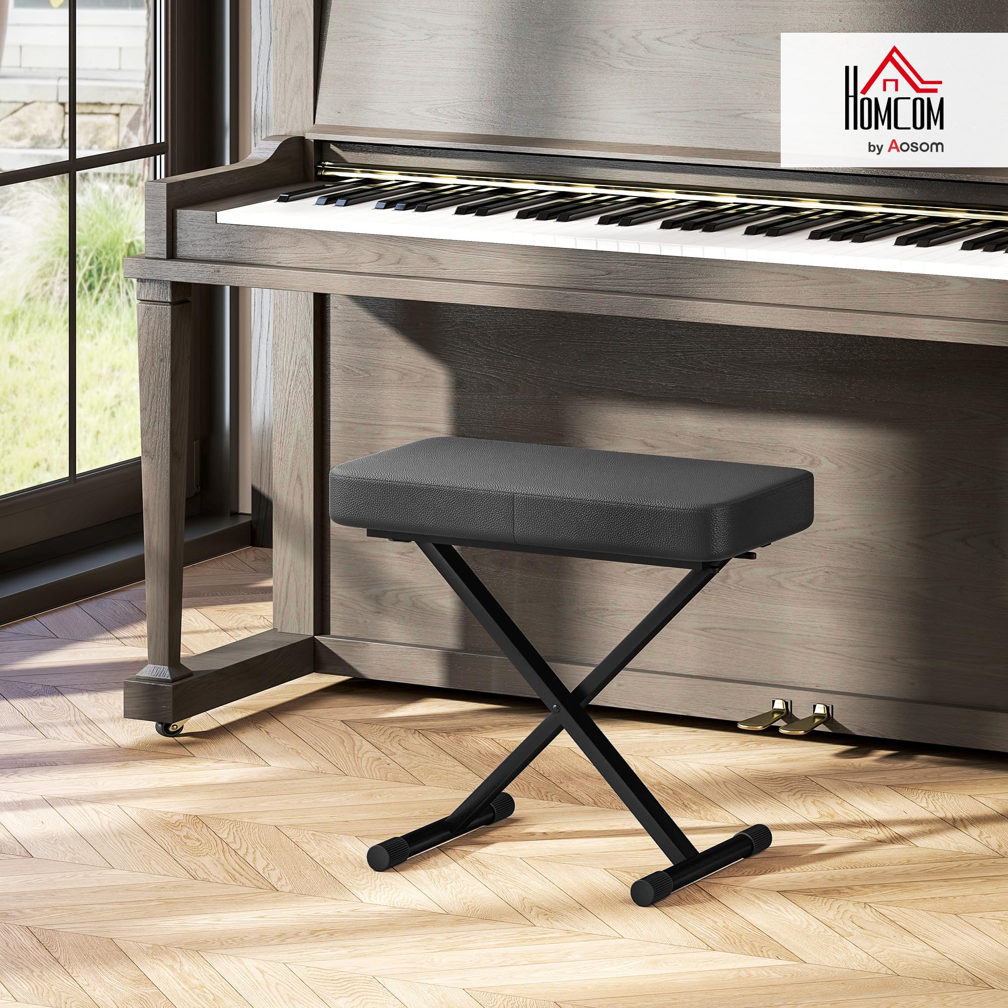 HOMCOM Sgabello per Pianoforte Pieghevole e Regolabile su 4 Altezze con Struttura a X, Panca Pianoforte in Pelle PU e Metallo con Piedini Antiscivolo, 60x32x53-63 cm, Nero
