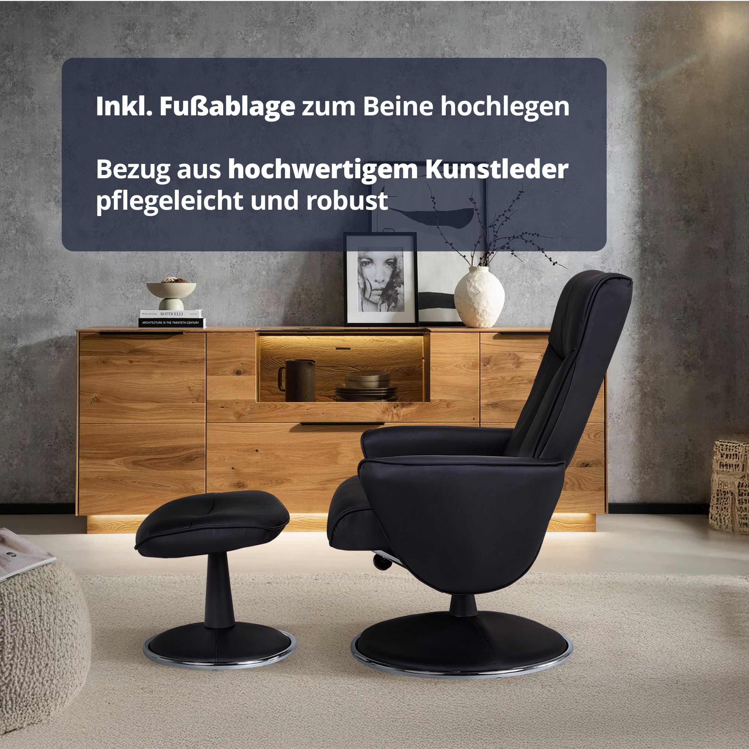 KHG Relaxsessel Schwarz Kunstleder mit Fußablage Relaxfunktion 82x104,5x110cm Sitzhöhe 46cm Sitzbreite 53,5cm