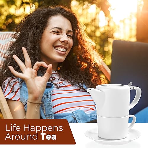 Miniatura 8 de Tealyra - Té T41 para un juego - Tetera pequeña de porcelana blanca de 15 onzas líquidas - Taza de 8.5 onzas líquidas y platillo - Tapa de acero