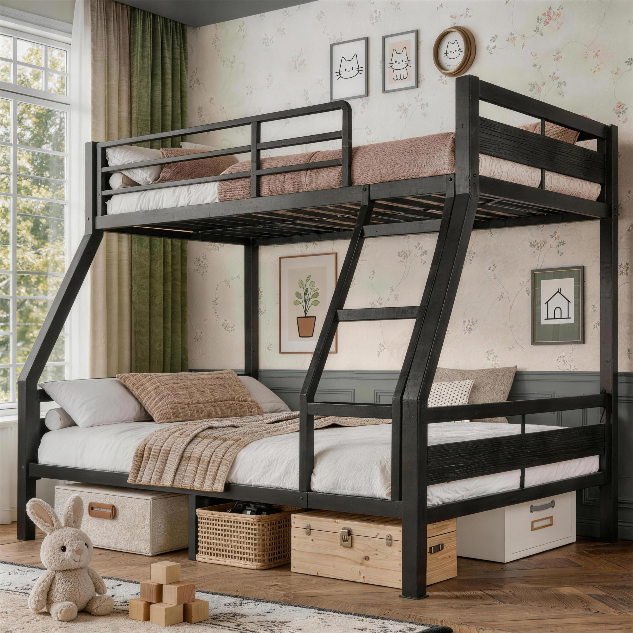 GalnFu Metal Bunk Bed Twin Over Full in Black