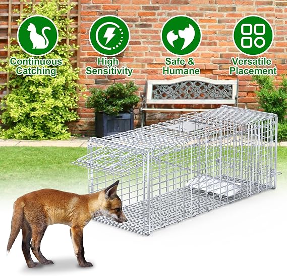 Humane Animal Cage Trap, Foldable Large Live Cage Trap for Squirrels/Stray Cats/Foxes, Easy Catch & Release, Reusable Indoor/Outdoor, 37x14x15