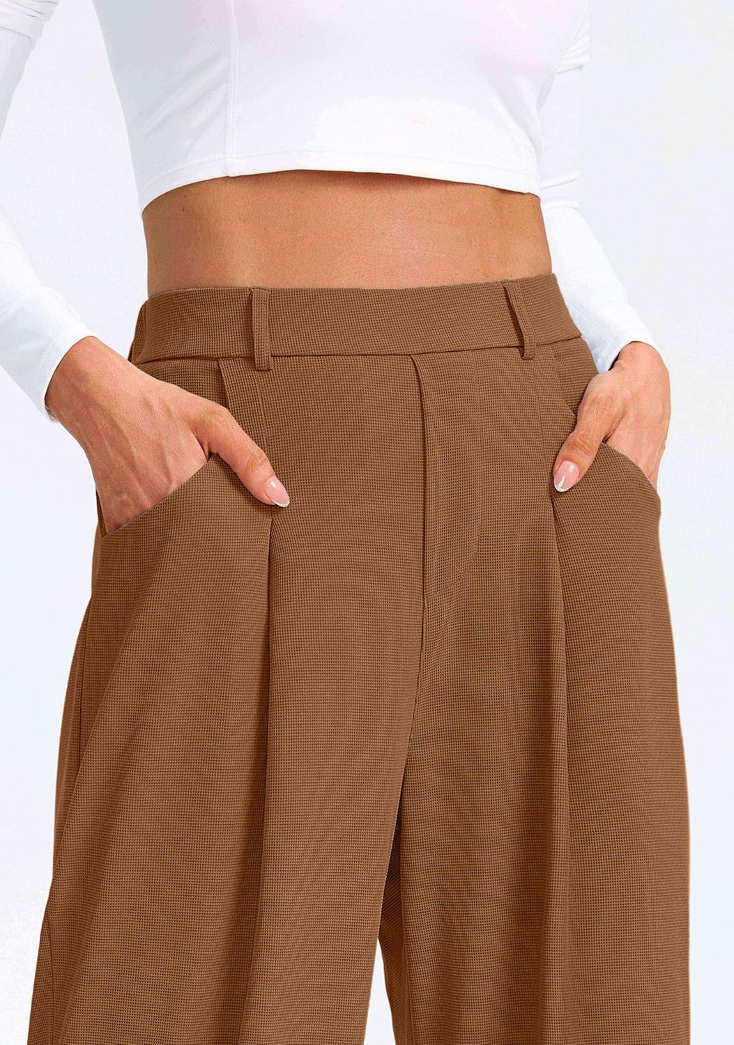 SANTINY Wide Leg Pants Woman Elastic High Waisted Waffle Knit Slacks Business Casual Work Pants Pleated Trousers with Pockets - Image 5