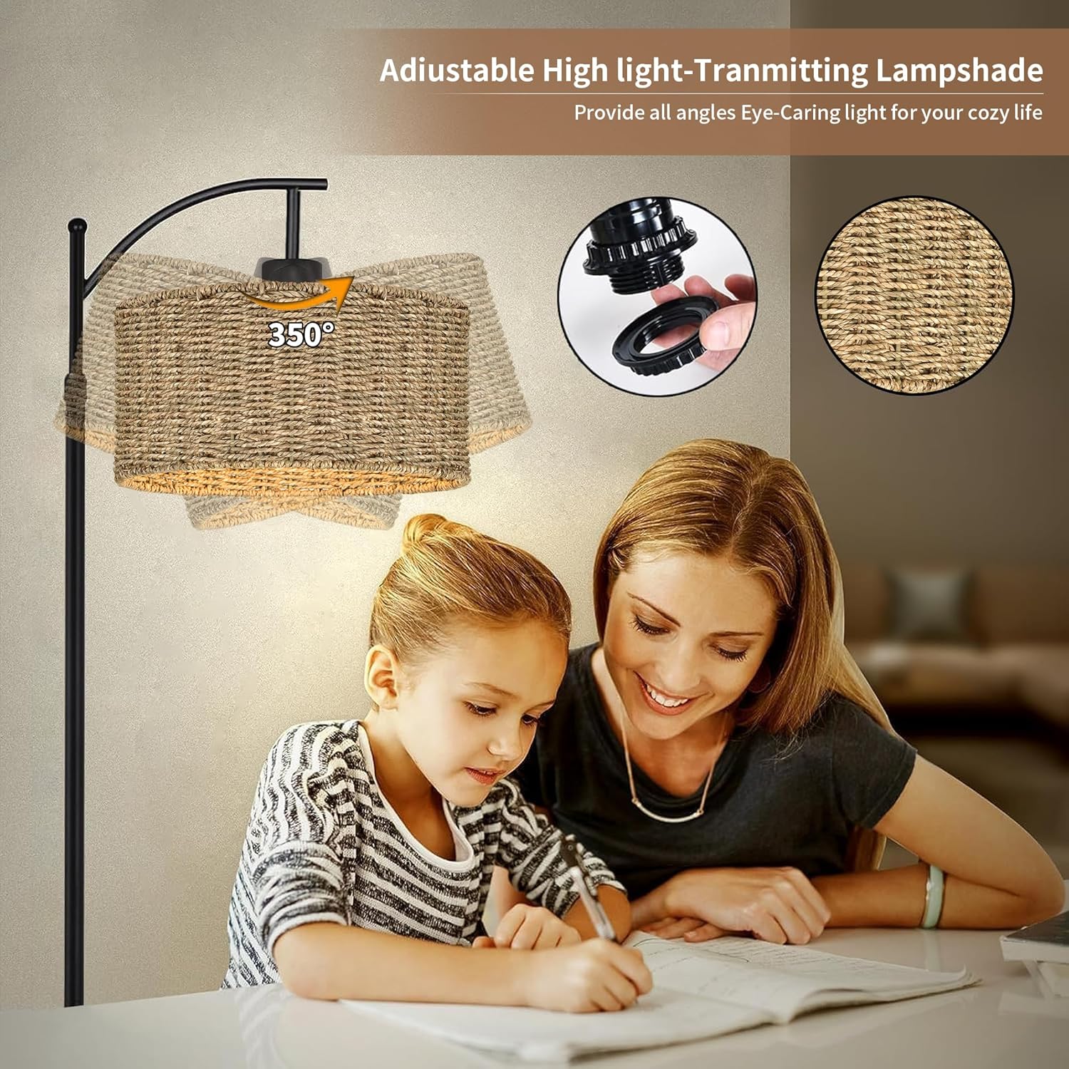 Arc Rattan Floor Lamp for Living Room with Remote,Black Floor Lamps with 3 Color Temperature Dimmable Bulb,Farmhouse Boho Standing Lamp with Wicker Shade,Adjustable Tall Lamp for Bedroom Office Corner